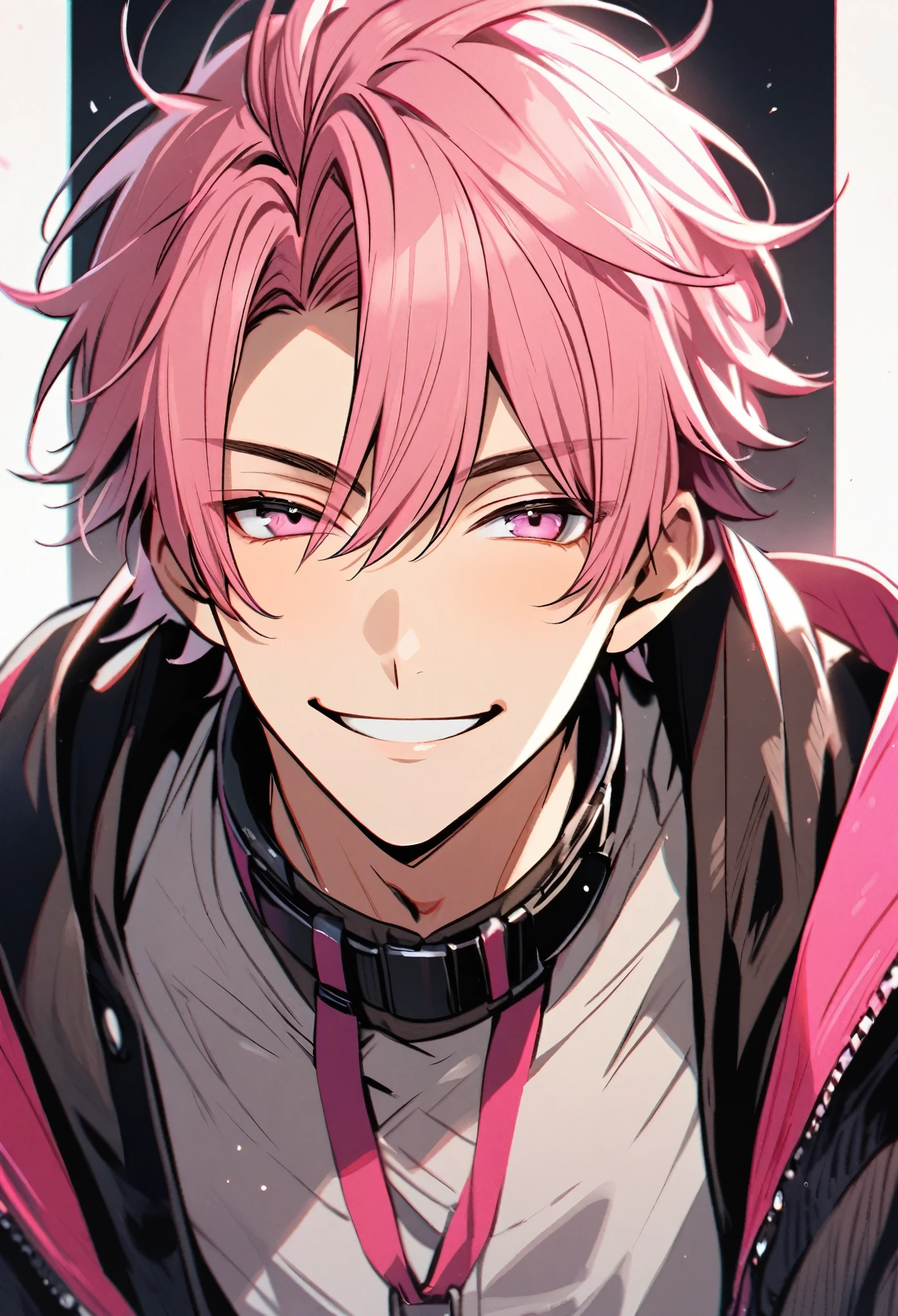Handsome, solo, 1 male, short hair, pink hair, pink eyes, smile facial