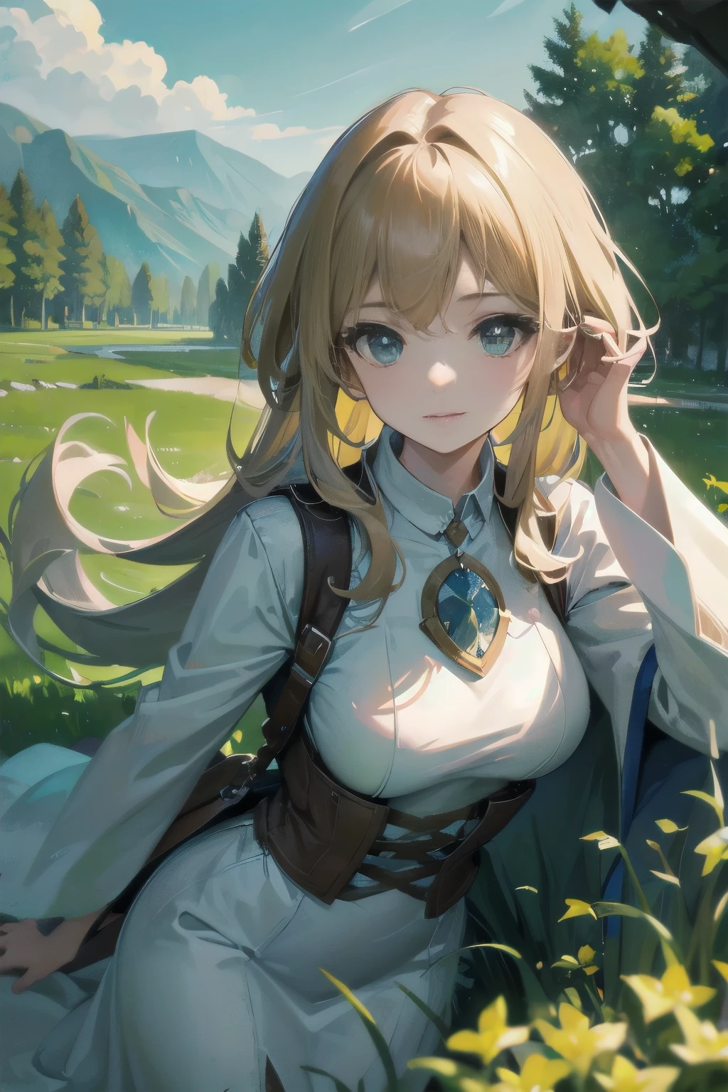 In a green meadow is a girl who leads a group of knights. BREAK With a brave expression, guides them to their destination. BREAK Behind her, A green forest extends and beyond that, Mountains rise in the distance. BREAK The most suitable effect for this scene would be a watercolor painting technique to capture the softness of the meadow and the fluidity of movement.. ,((detailed)), ((high quality)),((well structured)),((anatomically correct)),((good composition)), ((good perspective)),((masterpiece)), ( ( detailed outline)),((extremely detailed)),((digital art)), digital illustration, ((well-proportioned bodies)), high resolution, high definition, full definition, full resolution, detailed face, 4k,HD, Sharp,perfect,depth,with depth,sharp focus,Depth of field