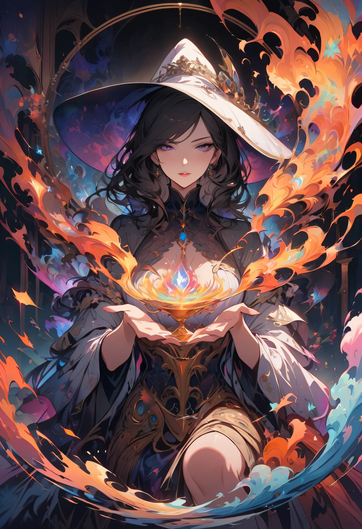 (best quality,highres,ultra-detailed,masterpiece:1.2),1 mature woman, mistress, goddess, White witch hat, sitting, logo, (magic), water crystal ball, water, fire, Wind, magic circles, mandala, Abstract, Fractal, pattern, Creative, art station, vector, golden ratio