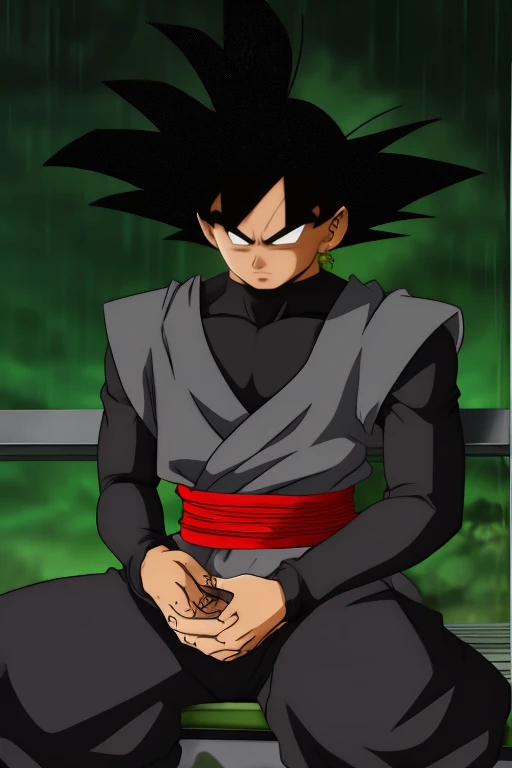 a portrait of goku black sitting at a bus stop in the rain, masterpiece, vibrant colors, high quality, 8k