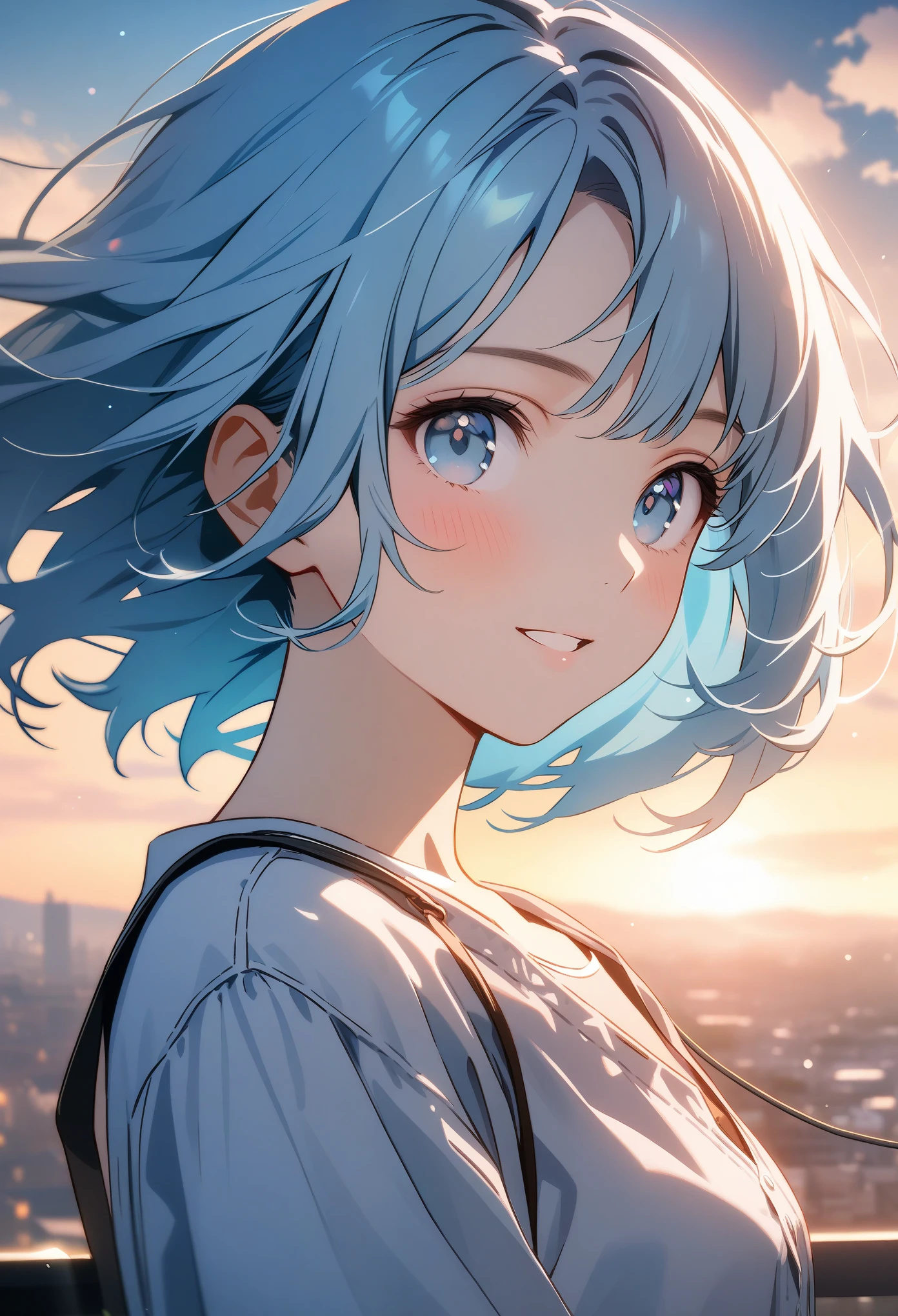 (8K, original photo, top quality, highly detailed CG Unity 8K wallpaper, masterpiece: 1.2), girl, light blue beautiful hair, floating in the sky, cloud girl, cloud, (close up: 1.1), bright, happy, pleasure, soft light, (Bauhaus, shape, Wire, Abstract: 1.1) Cornflower, small and beautiful girl with detailed eyes, light blue beautiful hair, light blue monochromatic dress, Upper body, The depth of field in the photo is perfect, Lens flare adds a nice touch. The delicate facial features on his face really stand out, And the score in this photo is definitely above 10 points. In the background, there were cloud, a stunning picture that really captured the beauty and cloud of the girl. , Accurate depiction of iris, Looking at the viewer lovingly like a gentle goddess,