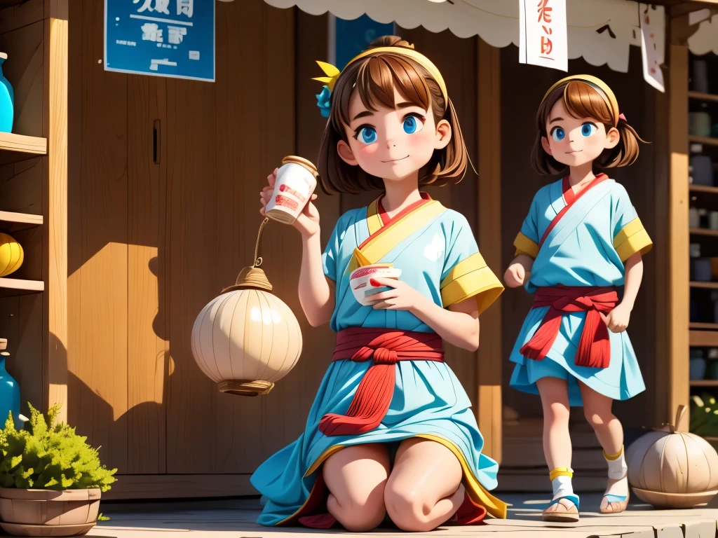 A girl drinking sake from a gourd, getting drunk, and starting to dance, villagers watching