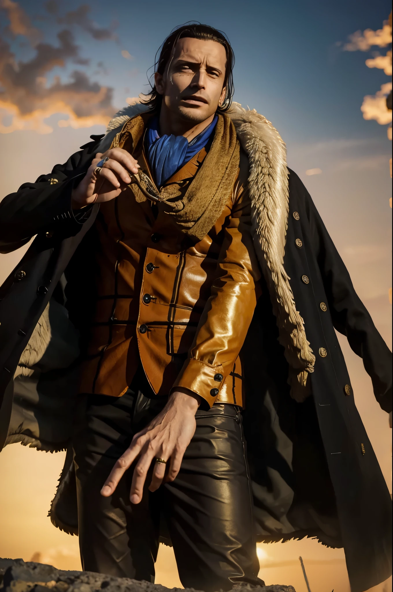 masterpiece, best quality, extremely detailed, hyperrealistic, photorealistic, a cool 40s man, ultra detailed face:1.2, fur-trimmed coat, scarf around the neck, his left hand is a golden pirate hook:1.1, ciger, sky, raging
