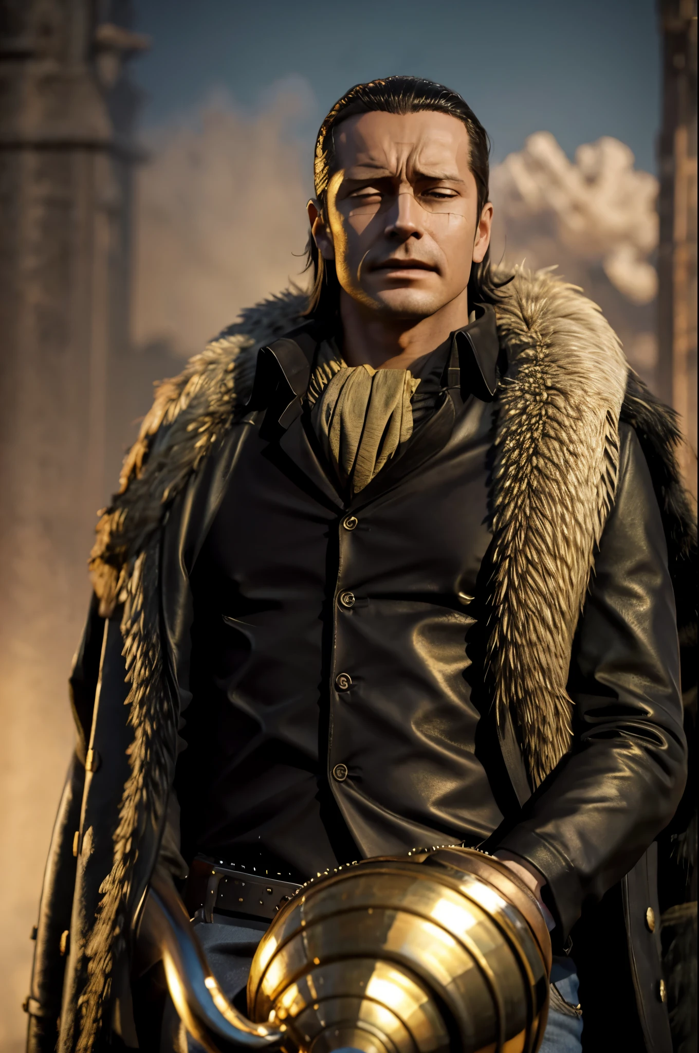 masterpiece, best quality, extremely detailed, hyperrealistic, photorealistic, a cool 40s man, ultra detailed face:1.1, fur-trimmed coat, scarf around the neck, his left hand is a golden pirate hook:1.1, reaching out a hand in here:1.2
