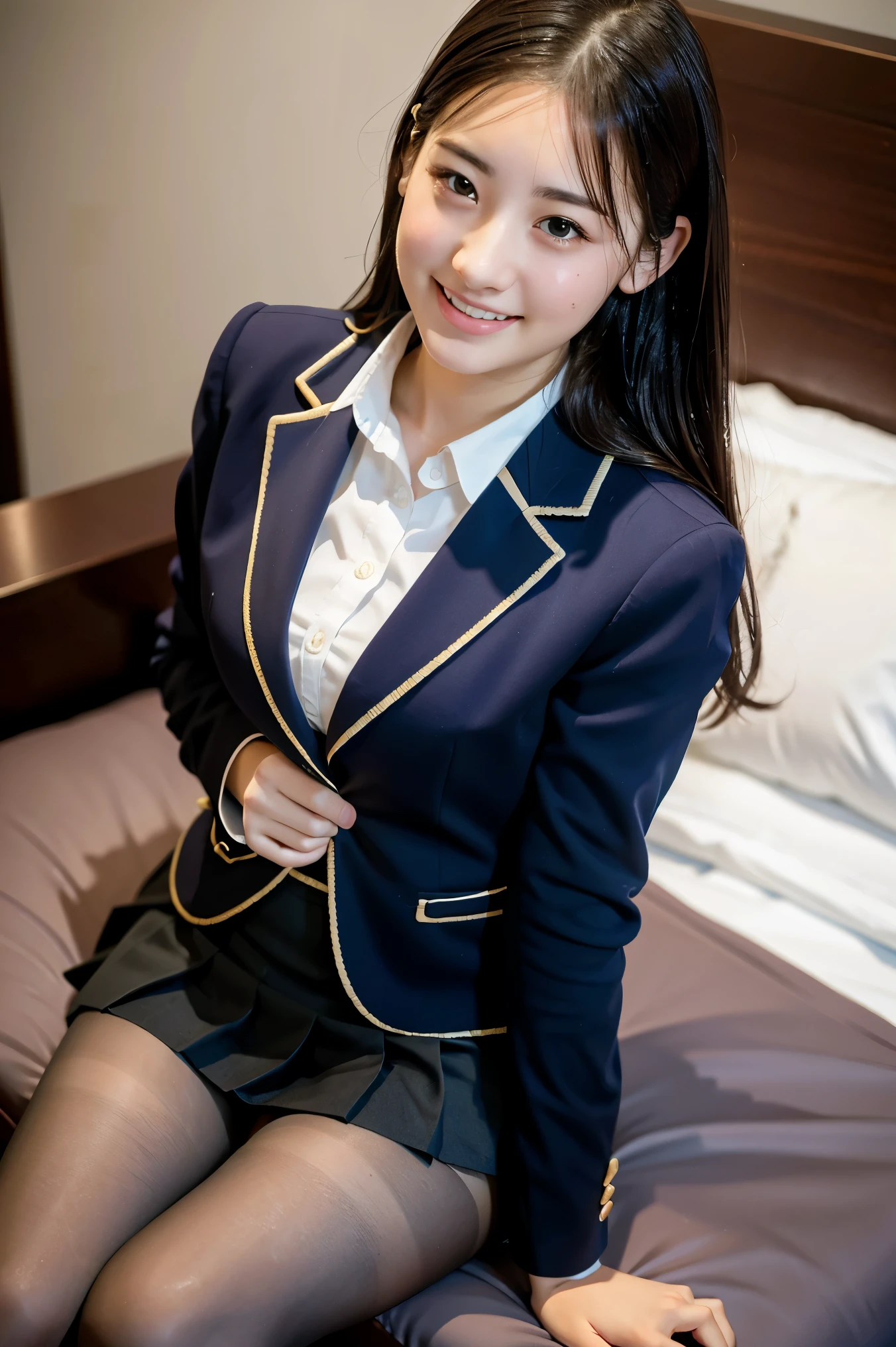(8K), (highest quality: 1.2), (realistic), (realistic: 1.37), ultra high resolution, 1 girl, cute, smile, closed mouth, beautiful details, beautiful nose, wet hair, giant dulcefo, pork, thighs，Self snap,University Student Uniform,simple blazer,pleated skirt,Are standing,opaque tights,(8K), (highest quality: 1.2), (realistic), (realistic: 1.37), ultra high resolution, 1 girl, cute, smile, closed mouth, beautiful details, beautiful nose, wet hair, giant dulcefo, pork, thighs，Self snap,University Student Uniform,simple blazer,pleated skirt,opaque tights,bed,spread your legs ,skirt lift, From above
