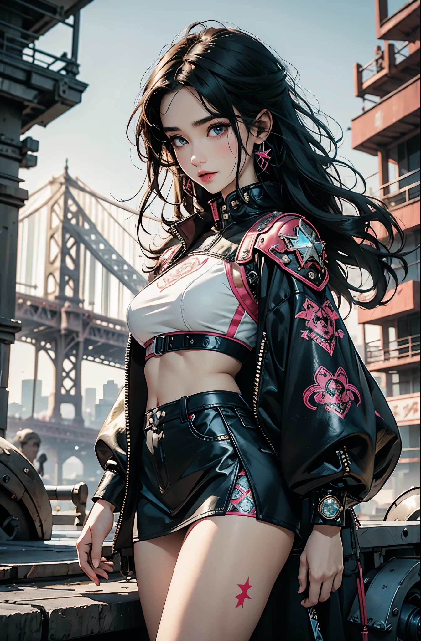 Pink and vibrant colors, cyberpunk 25, perfect, smiles, shoulder pads with metal spines, Brooklyn bridge, short short skirt, Heavy Metal inspired, white and gold crop top, leather protection on the left arm with intricate graphics, Dark red with white stars and white and navy blue checkerboard pattern, armor, intricate design, holding glowing orb