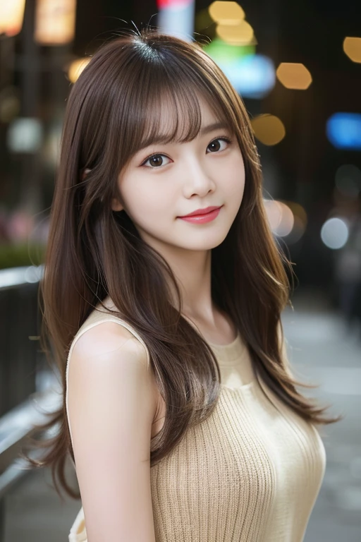 masterpiece、1 beautiful girl、detailed eye、puffy eyes、highest quality, 超A high resolution, (reality: 1.4), movie lighting、Japanese、asian beauty、Super beautiful、beautiful skin、Slender、body turns forward、(surreal)、(High resolution)、(8K)、(very detailed)、(beautiful detailed eyes)、(super detailed)、 (wall-)、(natural smile)、detailed face、bright lighting、professional lighting、looking at the viewer、look straight ahead、(The costume is a knit dress)、long hair, hair is dirty, asymmetrical bangs, 、night scene、brown hair、japanese idol、korean idol、Gravure idol pose、、19 years old、expensive,