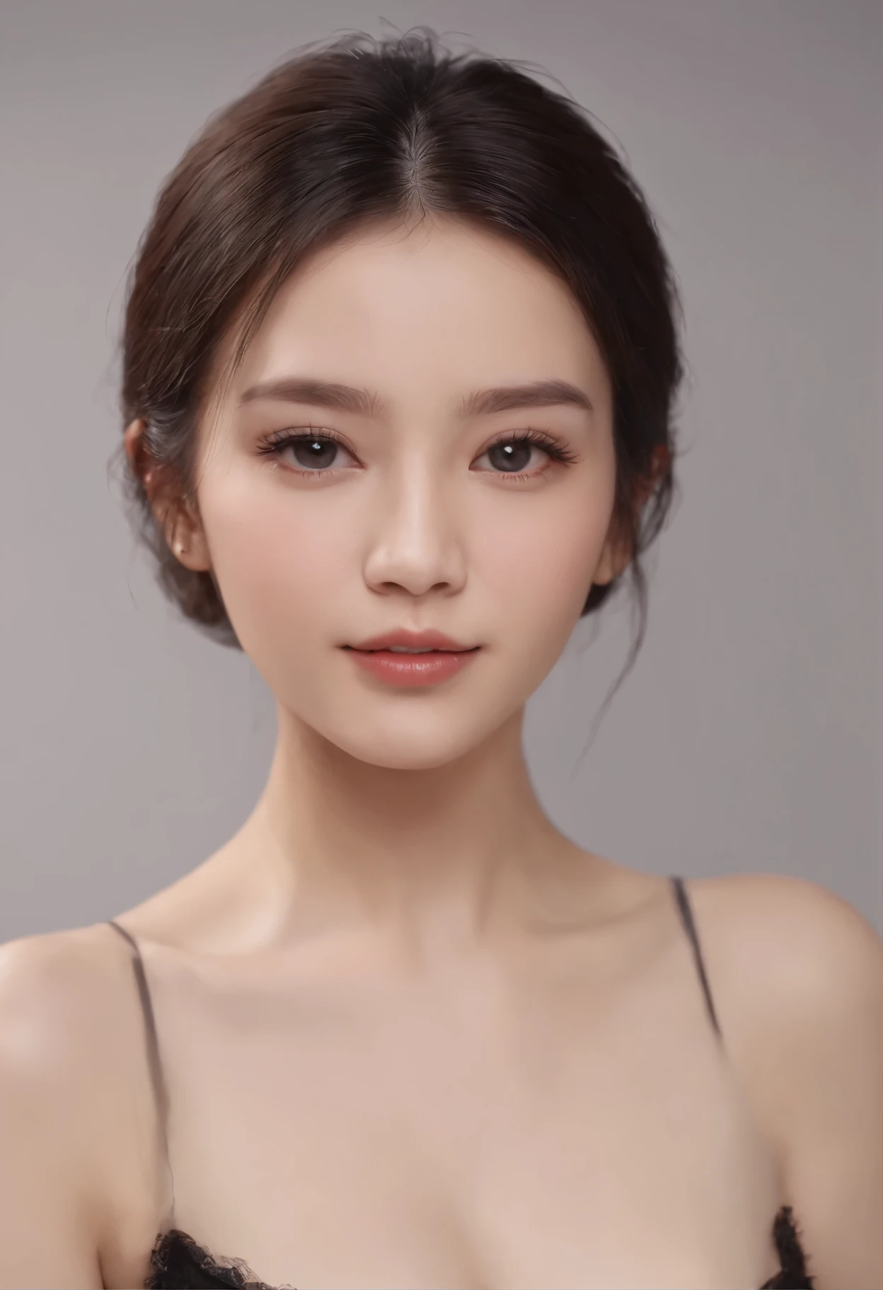 1 chinese woman，black short hair wool curls all over like Instagram（realisticlying，A high resolution：1.4），，looking at viewert，body（8k，RAW photos，best qualtiy，tmasterpiece：1.2），（realisticlying，Photorealistic:1.37),(Sharp focus:1.2), profesional lighting, photon mapping, radio city, physically-based renderingt, (paleskin:1.2),(smallunderboob:1.2), looking at viewert, (mid hair:1.5), portrait, Purple eye,  (simplebackground:1.4), solo, realisticlying,(tmasterpiece:1.4),(Highest image quality:1.4),(brightskin),putting makeup on,Shy, smile:1.3),medium chest circumference,sexyposture,