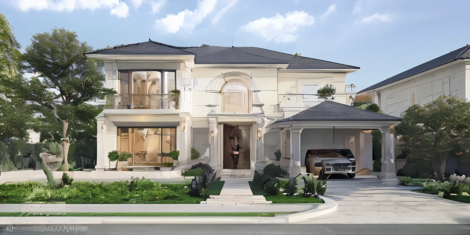 French style villa, Gray-blue roof, Garden in front of the door, Sunnyday, Real Scene, hyper HD, Masterpiece, ccurate, High quality, High details, 8K