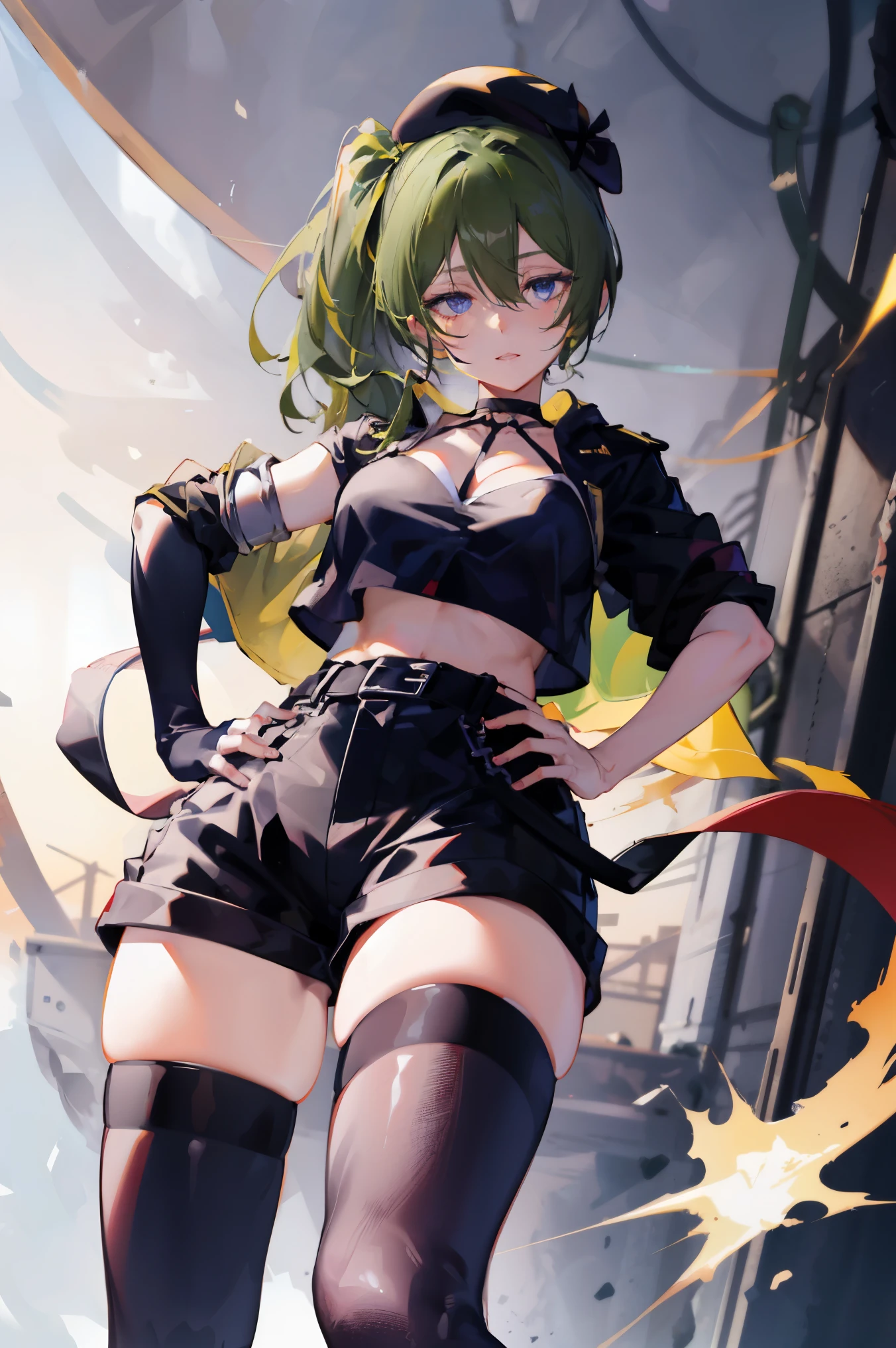 ubel,dark green hair,long hair,side ponytail,hair between eyes,bangs,
BREAK (beret, black jacket, open clothes, cleavage, midriff, black shorts, black thighhighs, thigh strap, fingerless gloves, single glove:1.2)
BREAK blurry background,
BREAK pose, hand on hip,
BREAK (masterpiece:1.2), best quality, high resolution, unity 8k wallpaper, (illustration:0.8), (beautiful detailed eyes:1.6), extremely detailed face, perfect lighting, extremely detailed CG, (perfect hands, perfect anatomy),