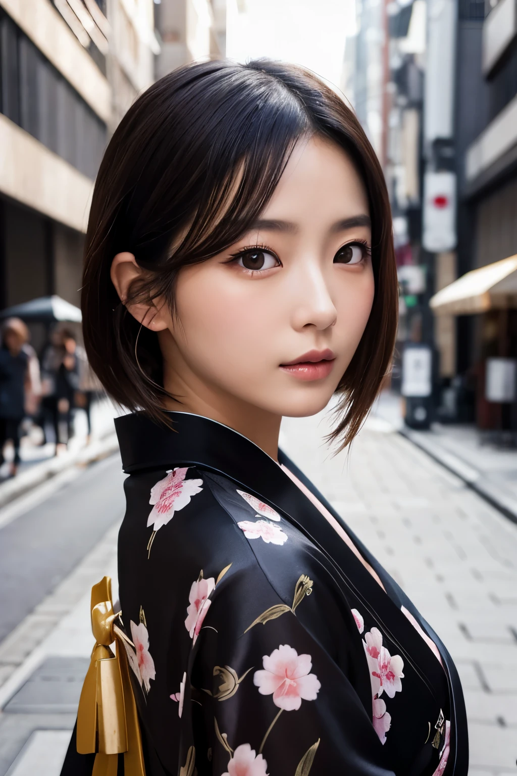 Beautiful Japanese supermodel woman, A lock of hair with slight highlights, black eyes, Sexy,street background,Gorgeous kimono , Liquid color flows across her face, Shooting against the light,Perfect facial lighting,mixed media,Face to the right