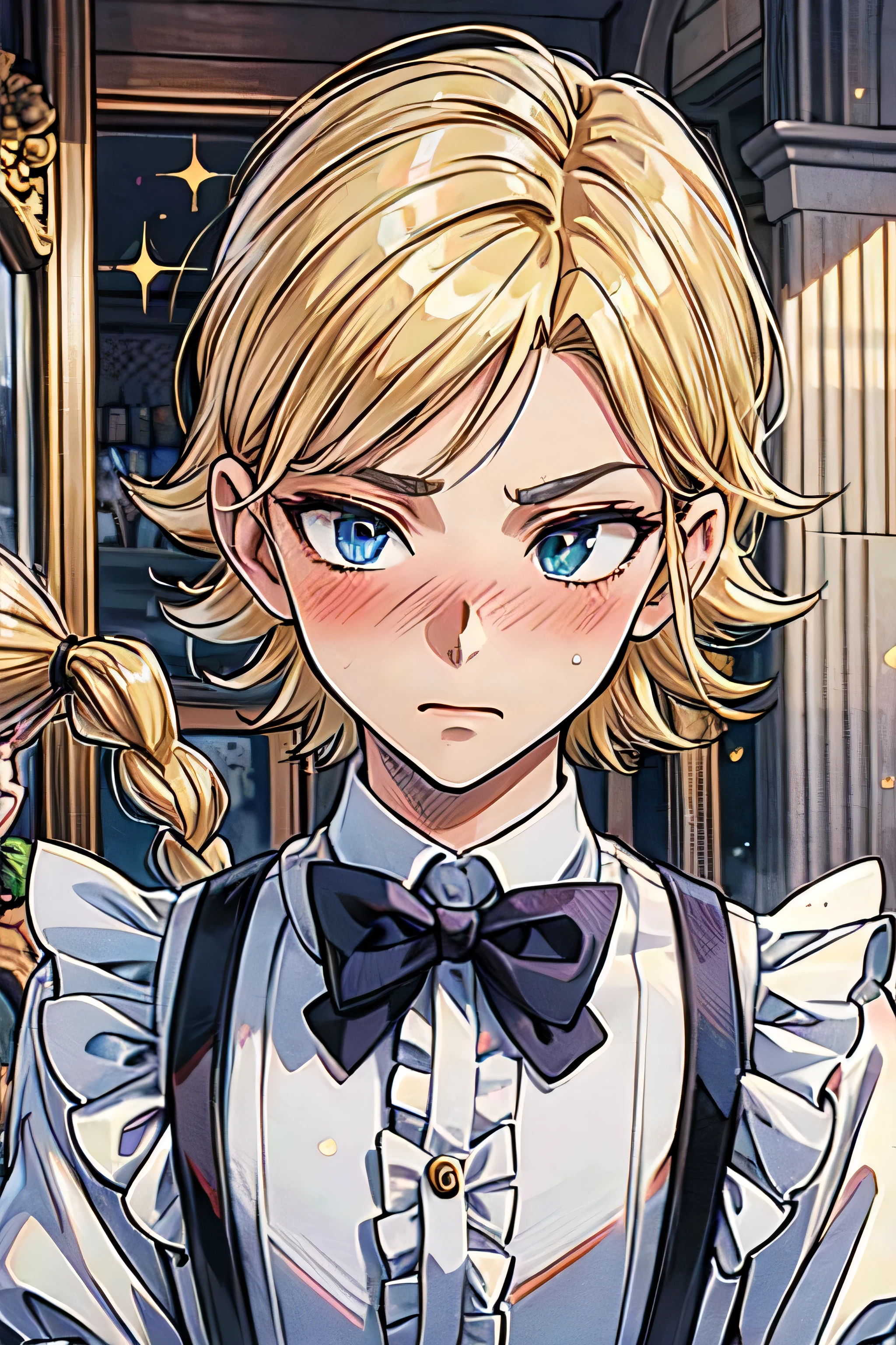 ((best quality)), ((masterpiece)), (detailed), perfect face, blonde hair, anime style, short hair, anime boy, Yuga Aoyama’s hairstyle, Male, anime boy, beautiful eyes, man wearing maid outfit, light blushing, looking down at pov, embarrassed expression, MHA Yuga Aoyama, Sparkling Hero: Cant Stop Twinkling