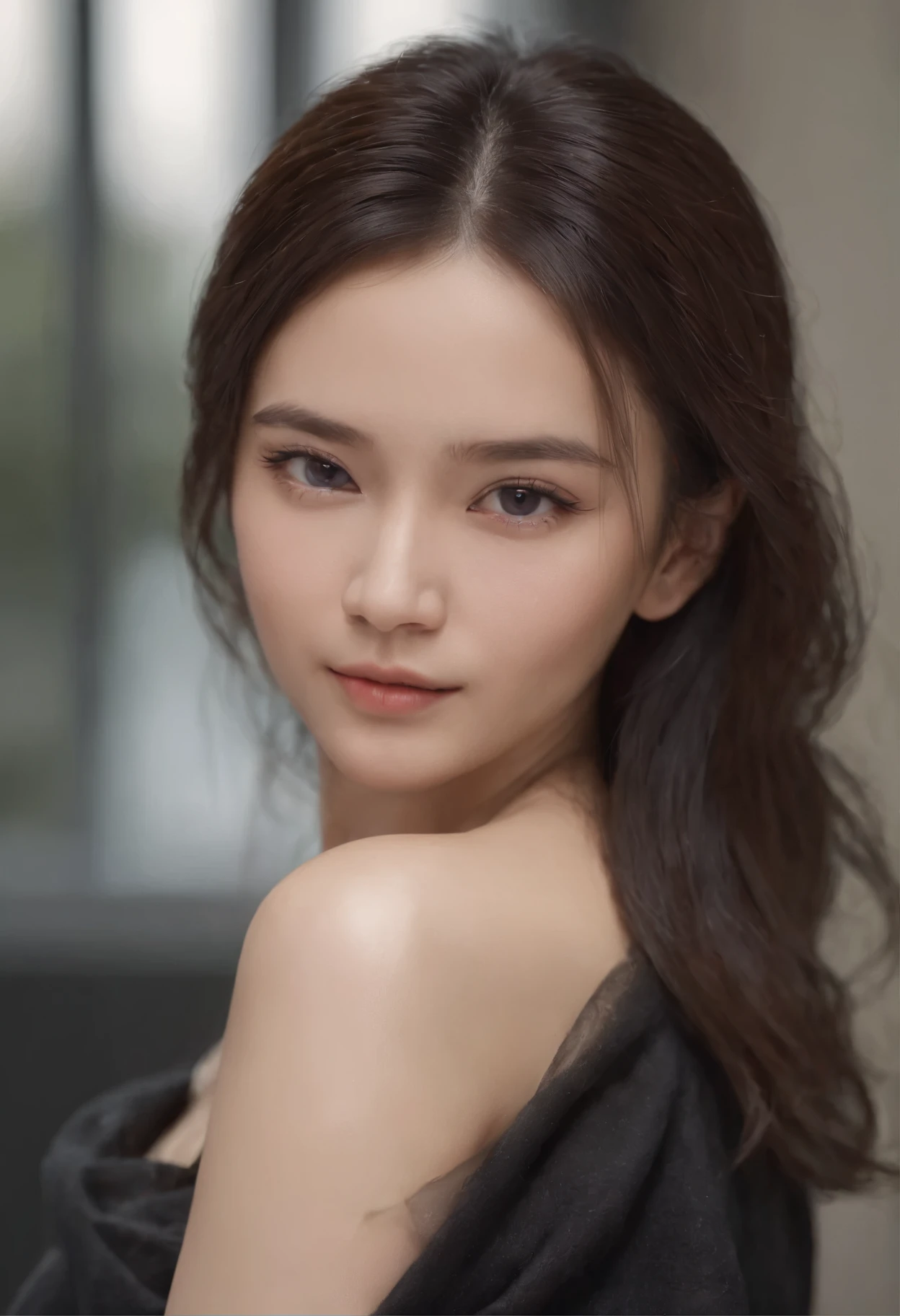 1 chinese woman，black short hair wool curls all over like Instagram（realisticlying，A high resolution：1.4），，looking at viewert，body（8k，RAW photos，best qualtiy，tmasterpiece：1.2），（realisticlying，Photorealistic:1.37),(Sharp focus:1.2), profesional lighting, photon mapping, radio city, physically-based renderingt, (paleskin:1.2),(smallunderboob:1.2), looking at viewert, (mid hair:1.5), portrait, Purple eye,  (simplebackground:1.4), solo, realisticlying,(tmasterpiece:1.4),(Highest image quality:1.4),(brightskin),putting makeup on,Shy, smile:1.3),medium chest circumference,sexyposture,