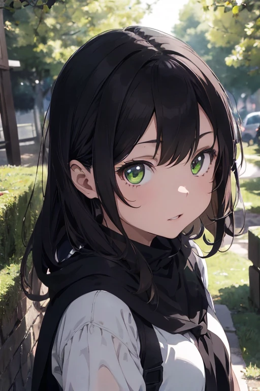 Anime drawing of a 12 year old girl with green eyes, and brown hair dressed in a black cape, ella esta montando un lobo blanco de ojos rojos, hullendo en un bosque de noche, ambos estan asustados, detras de ellos hay un castillo en llamas