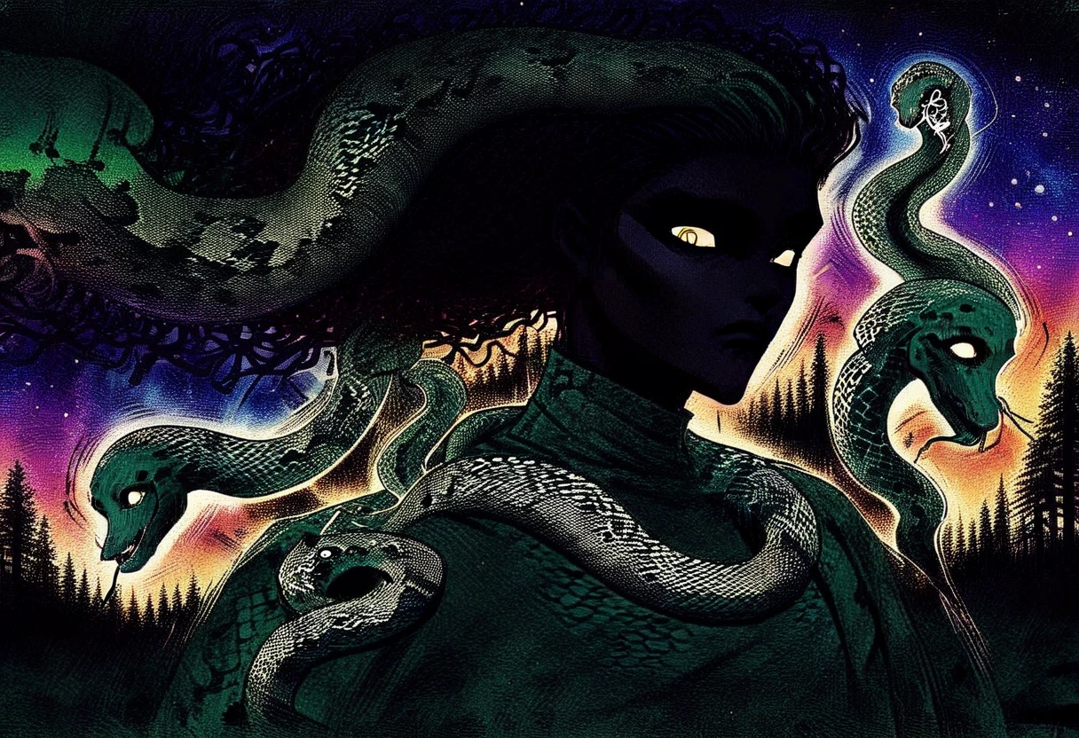 Medusa, splash page decompressed comic cover art, ink style figure, candid, snake skin dress, ((art style expressive Joelle Jones and "Sean Gordon Murphy" comic drawing)), cinematic poster double exposure, optical illusion, image within image, abyss void black no visibility darkness, full body portrait, (background, pine barrens, entropy, rewilding, magic hour sunset with galaxy stars, cosmos), (horror, abstract, surreal, body, cosmic), body drawn in Frederic Delavier musculature anatomical illustration art style, (face, ornate black metal corpse paint, resembles Grace Jones), (body, Naga, snakefolk, lower body snake tail, snake woman hybrid, bald, hairless, skeleton, snake skin tattoos, piercing eyes, snake pupils, over the shoulder), (colors, merge bleak muted deep fiery radiant glowing ROYGBIV, forest green to earth brown), craftsmanship nuance, (art style Gerardo Zaffino charcoal), subliminal orchids, nyctophobia, (wordless, single image), silhouette