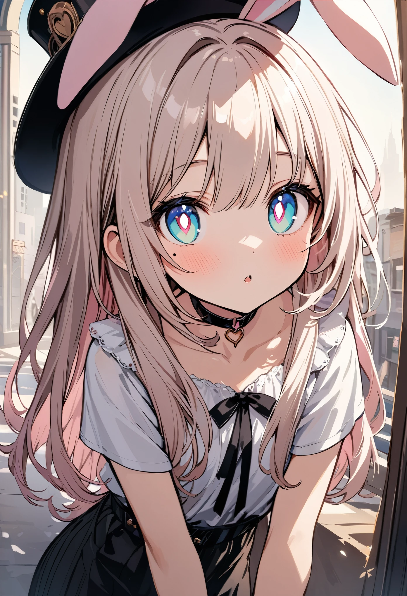 chibi {Girl with shoulder-length pink straight hair named Rico}, ``Little hat with bunny ears'', (It feels like saying Hello, daytime hours), {going out style}, ((Heart-shaped choker) ), (Downtown), Bright background, Mole under the eye, Heart-shaped choker, ((Masterpiece)), Highly detailed CG Unity 8k wallpaper), Top quality, One girl, Detailed background, beautifully detailed eyes, bright pupils, (very delicate and beautiful)), ((beautiful) eyes (detailed description)