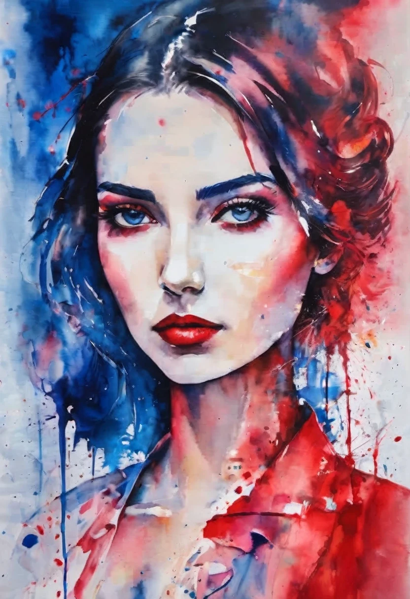 red and blue woman painting, Silvia Pelissero watercolor, tumbler, abstraction, Intense watercolor painting, Watercolor Detailed Art, Watercolor splash, surreal, Avant-garde pop art, beautiful and expressive, Beautiful artistic illustration, Very colorful shades, extremely good, cruel beauty, best quality,official art, women only, clear outline, best shot