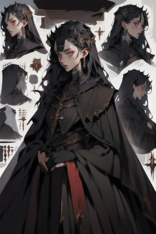 (best quality,ultra-detailed:1.2),dark forest concept art,horns on head,cloak,costumed costume,priest,Jackie Tsai style,concept art,cgstation trends,character design sheet