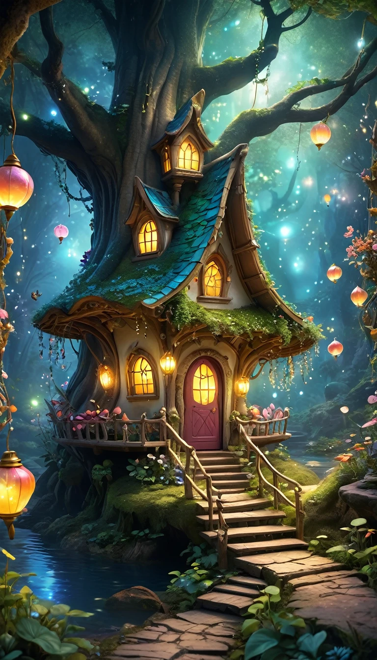 ((fairy village:1))magical lights, enchanted forest, whimsical house, Mysterious creature, sparkling river, glowing flowers, Ethereal atmosphere, secret path, Sparkling lanterns, supernatural power, Hidden treasure, magic fog, charming bridge, bright colors, fantastic scenery, joyful laughter, flapping wings, Sparkling dust, Fantasy realm, breeze, mystical music, Joyous celebration, Mystical rituals, magic garden, curious fairies, sparkling waterfalls, Dancing fireflies, floating lantern, magical doorway, old tree, Fascinating spell book, Mysterious Crystal, friendly woodland animals, cozy cabin, sparkling stars, twinkling moonlight, magic mushrooms, dazzling fireworks, fairy dust, magic spell, Whimsical Carousel.