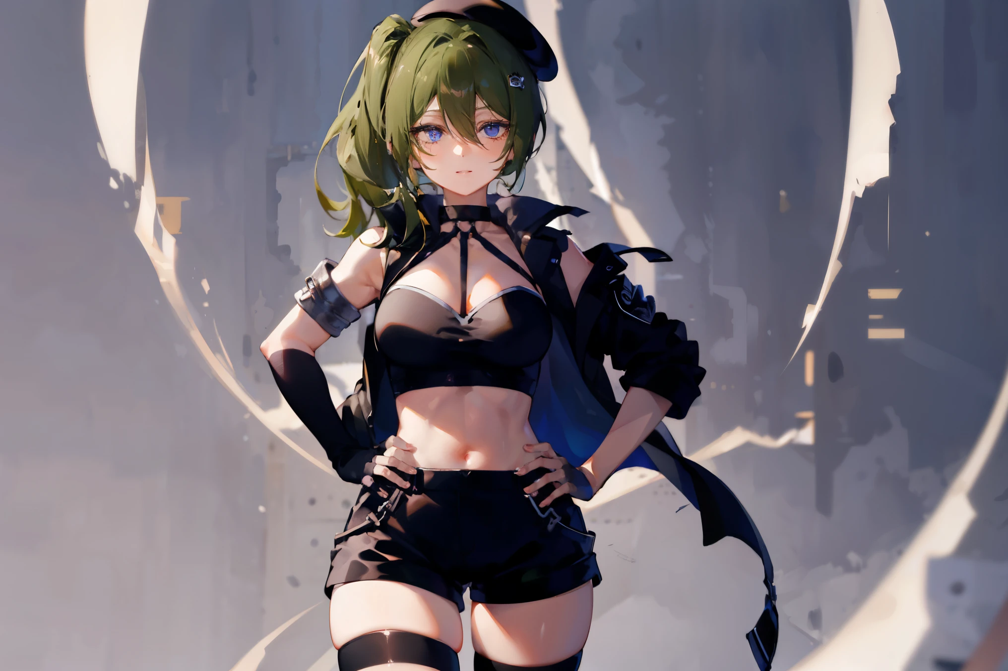 ubel,dark green hair,long hair,side ponytail,hair between eyes,bangs,
BREAK (beret, black jacket, open clothes, cleavage, midriff, black shorts, black thighhighs, thigh strap, fingerless gloves, single glove:1.2)
BREAK blurry background,
BREAK pose, hand on hip,
BREAK (masterpiece:1.2), best quality, high resolution, unity 8k wallpaper, (illustration:0.8), (beautiful detailed eyes:1.6), extremely detailed face, perfect lighting, extremely detailed CG, (perfect hands, perfect anatomy),