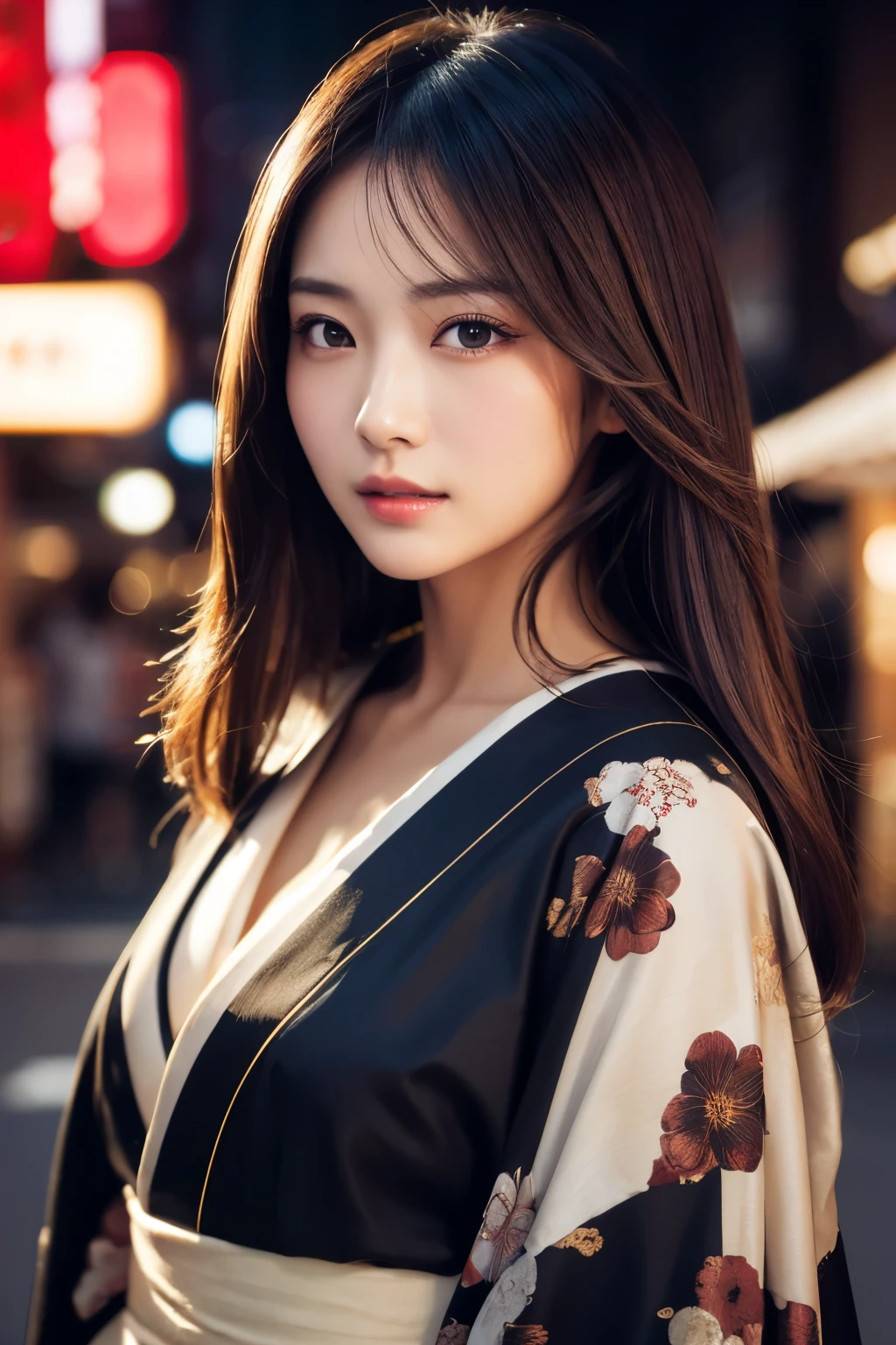 Beautiful Japanese supermodel woman, A lock of hair with slight highlights, black eyes, Sexy，street background，Gorgeous kimono , Liquid color flows across her face, Shooting against the light，Perfect facial lighting，mixed media