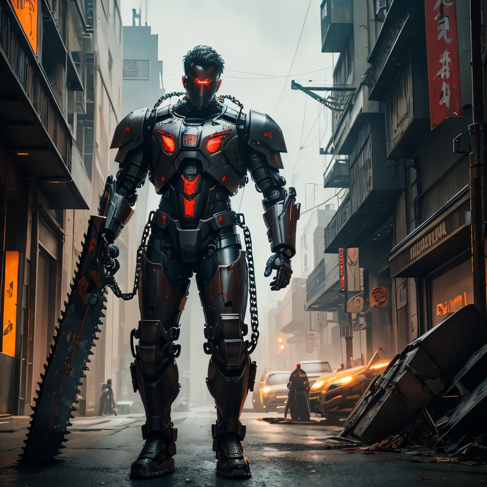 Dark_Fantasy,Cyberpunk,(chain saw,chain saw man,Red:1.1),1man,Mechanical marvel,Robotic presence,Cybernetic guardian, wearing a worn-out mech suit, intricate, (steel metal [rusty]), elegant, clear focus, shot by greg rutkowski, soft lighting, vibrant colors, masterpiece, ((street)), cowboy shot, dynamic pose,