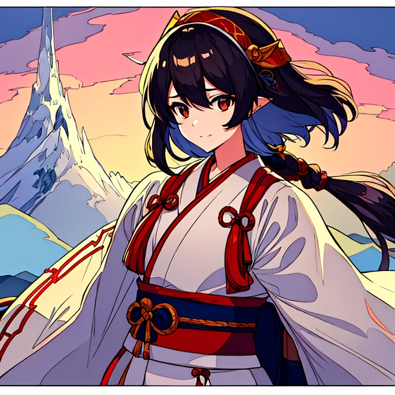 masterpiece, best quality,1 Elf Girl, red bow, bow, long hair, hair bow, Ainu clothing, alone, Headband, bird, black hair, fingerless Gloves, short sleeves, Gloves, sash, trousers, Bangs, red Headband, arms, Chest, brown eyes, white trousers, kimono, confuse, faint smile, official art, good composition, official gesture, detailed portrait, portrait, Bokeh, Clouds and mountains background, warrior, Onmyoji style, High resolution, Dramatic lights and shadows, solar flare, Blurred foreground
