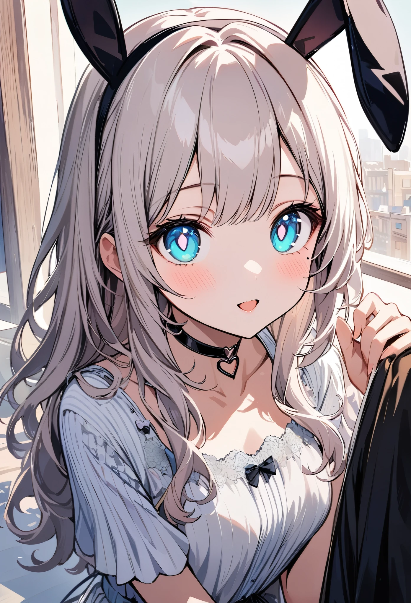 chibi {Girl with shoulder-length pink straight hair named Rico}, ``Little hat with bunny ears'', (It feels like saying Hello, daytime hours), {going out style}, ((Heart-shaped choker) ), (Downtown), Bright background, Mole under the eye, Heart-shaped choker, ((Masterpiece)), Highly detailed CG Unity 8k wallpaper), Top quality, One girl, Detailed background, beautifully detailed eyes, bright pupils, (very delicate and beautiful)), ((beautiful) eyes (detailed description)
