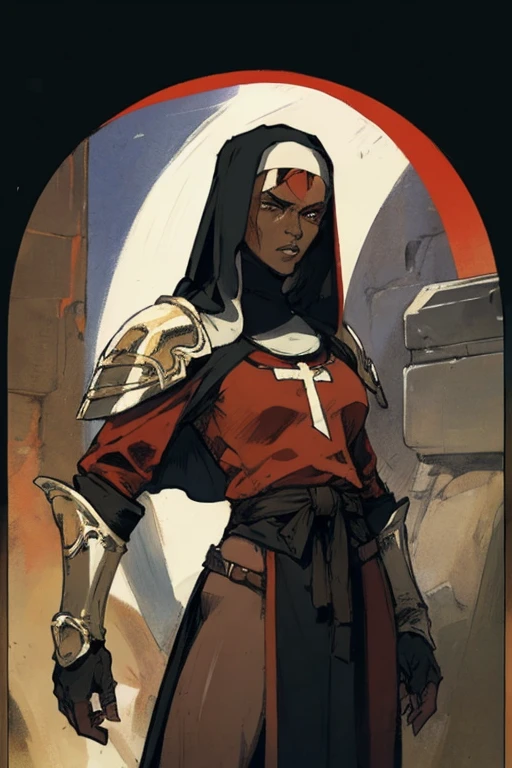 Portrait of 1 brunette, tan, battle stance, armor, red eclipse, detailed, clothes, a nun, covering, ( methurlant), (masterpiece, Best quality:1.3), (tan_skin), dark, divine pose, 