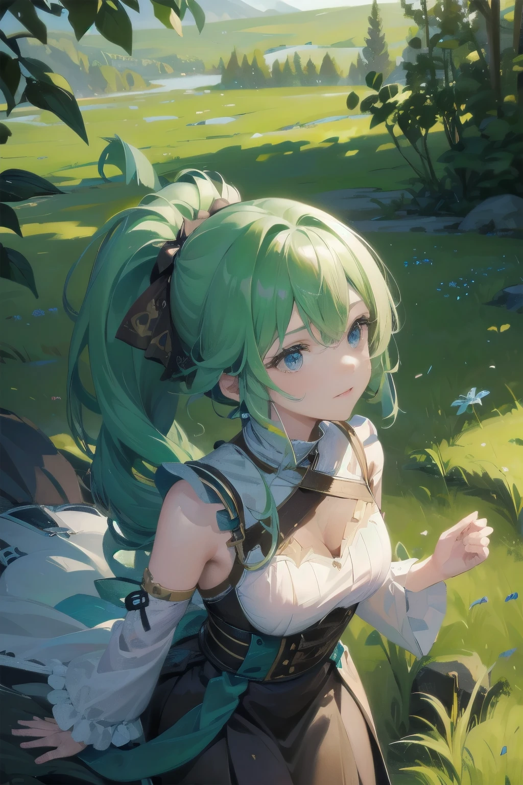 In a green meadow is a girl who leads a group of knights. BREAK With a brave expression, guides them to their destination. BREAK Behind her, A green forest extends and beyond that, Mountains rise in the distance. BREAK The most suitable effect for this scene would be a watercolor painting technique to capture the softness of the meadow and the fluidity of movement.. ,((detailed)), ((high quality)),((well structured)),((anatomically correct)),((good composition)), ((good perspective)),((masterpiece)), ( ( detailed outline)),((extremely detailed)),((digital art)), digital illustration, ((well-proportioned bodies)), high resolution, high definition, full definition, full resolution, detailed face, 4k,HD, Sharp,perfect,depth,with depth,sharp focus,Depth of field