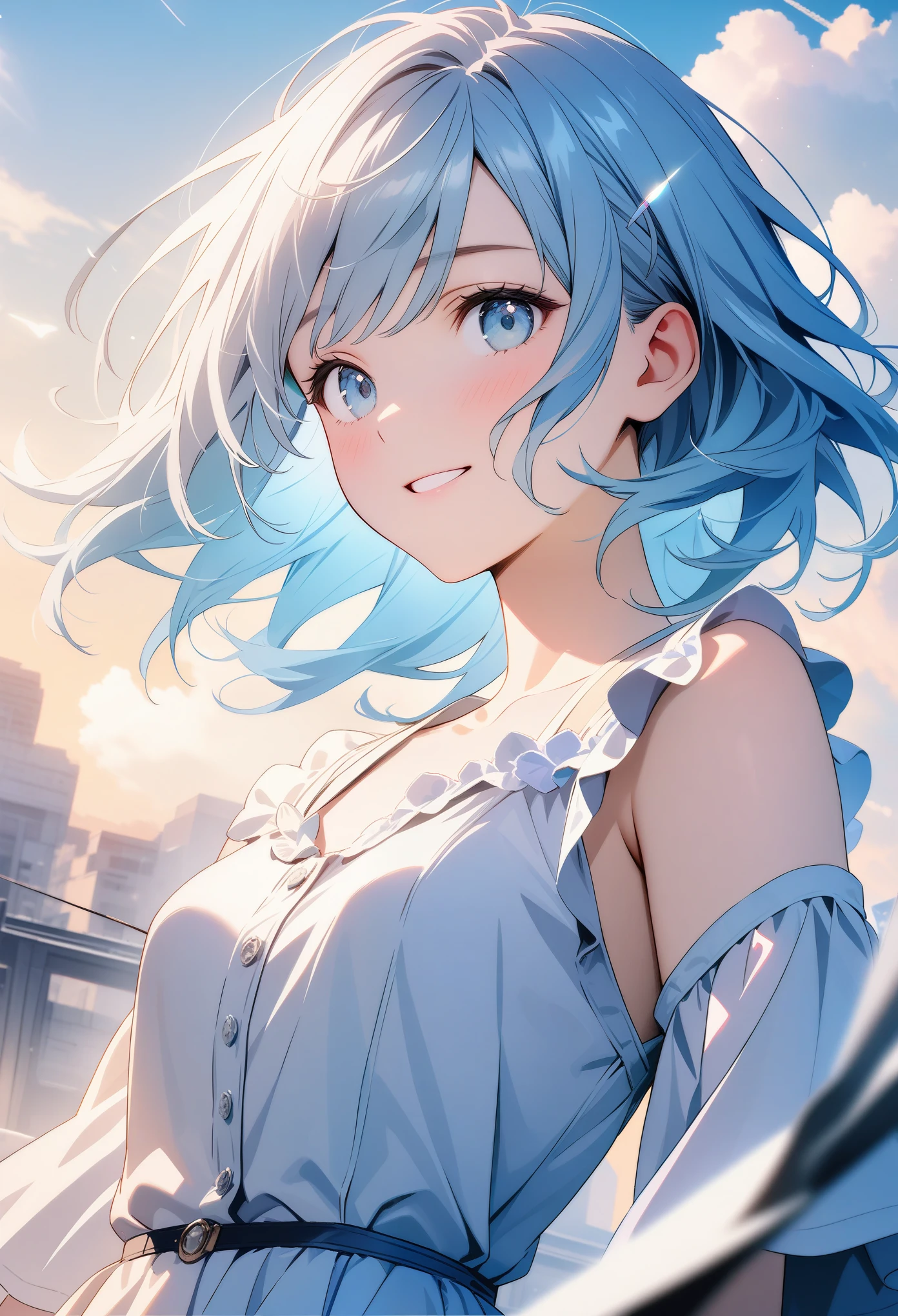 (8K, original photo, top quality, highly detailed CG Unity 8K wallpaper, masterpiece: 1.2), girl, light blue beautiful hair, floating in the sky, cloud girl, cloud, (close up: 1.1), bright, happy, pleasure, soft light, (Bauhaus, shape, Wire, Abstract: 1.1) Cornflower, small and beautiful girl with detailed eyes, light blue beautiful hair, light blue monochromatic dress, Upper body, The depth of field in the photo is perfect, Lens flare adds a nice touch. The delicate facial features on his face really stand out, And the score in this photo is definitely above 10 points. In the background, there were cloud, a stunning picture that really captured the beauty and cloud of the girl. , Accurate depiction of iris, Looking at the viewer lovingly like a gentle goddess,