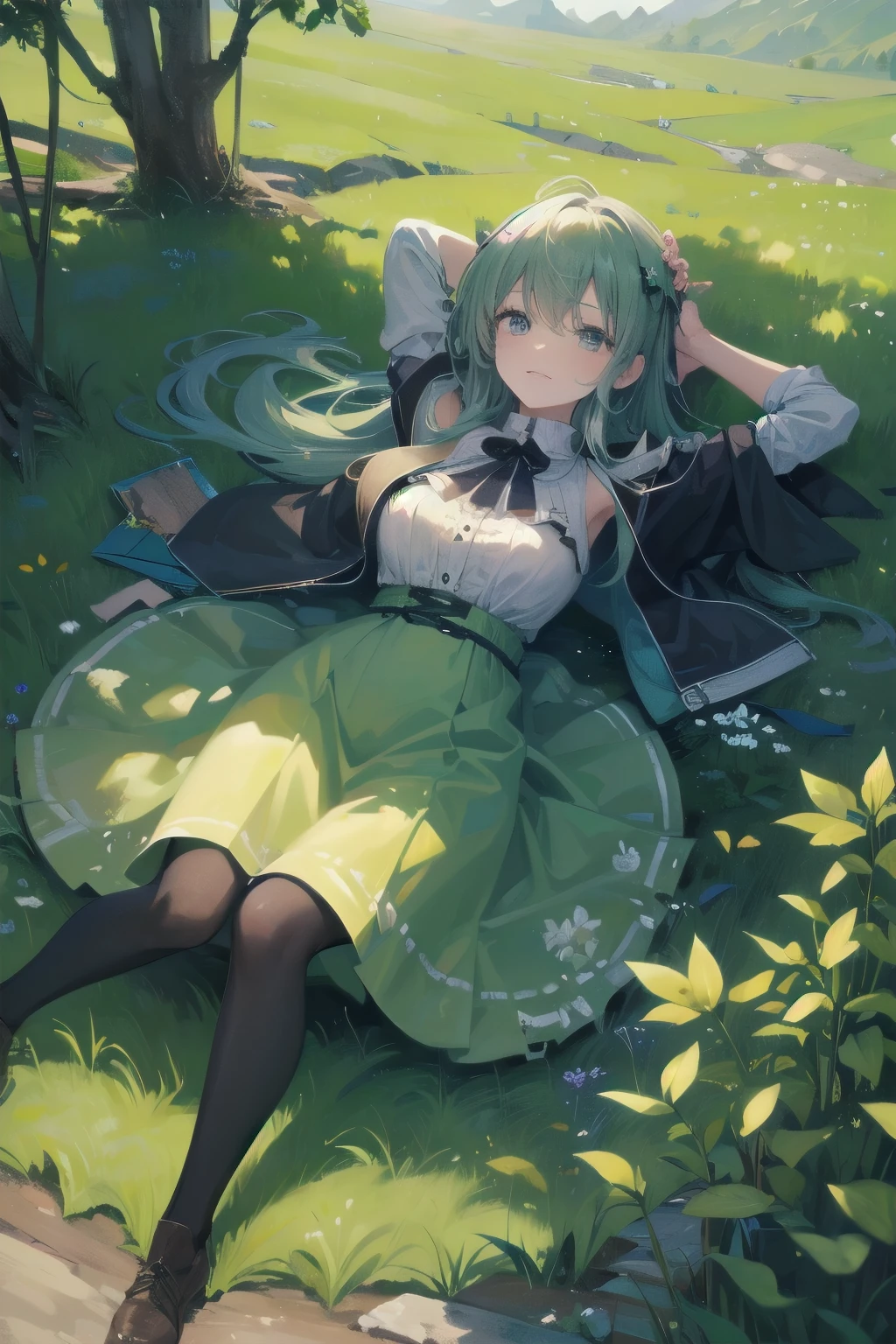 loli,masterpiece, highest quality,highquality,HD,anime,small female,cute,pretty,kawaii,micro body,Green hair,Barefoot,slanted eyes,,ebony skin,arms behind