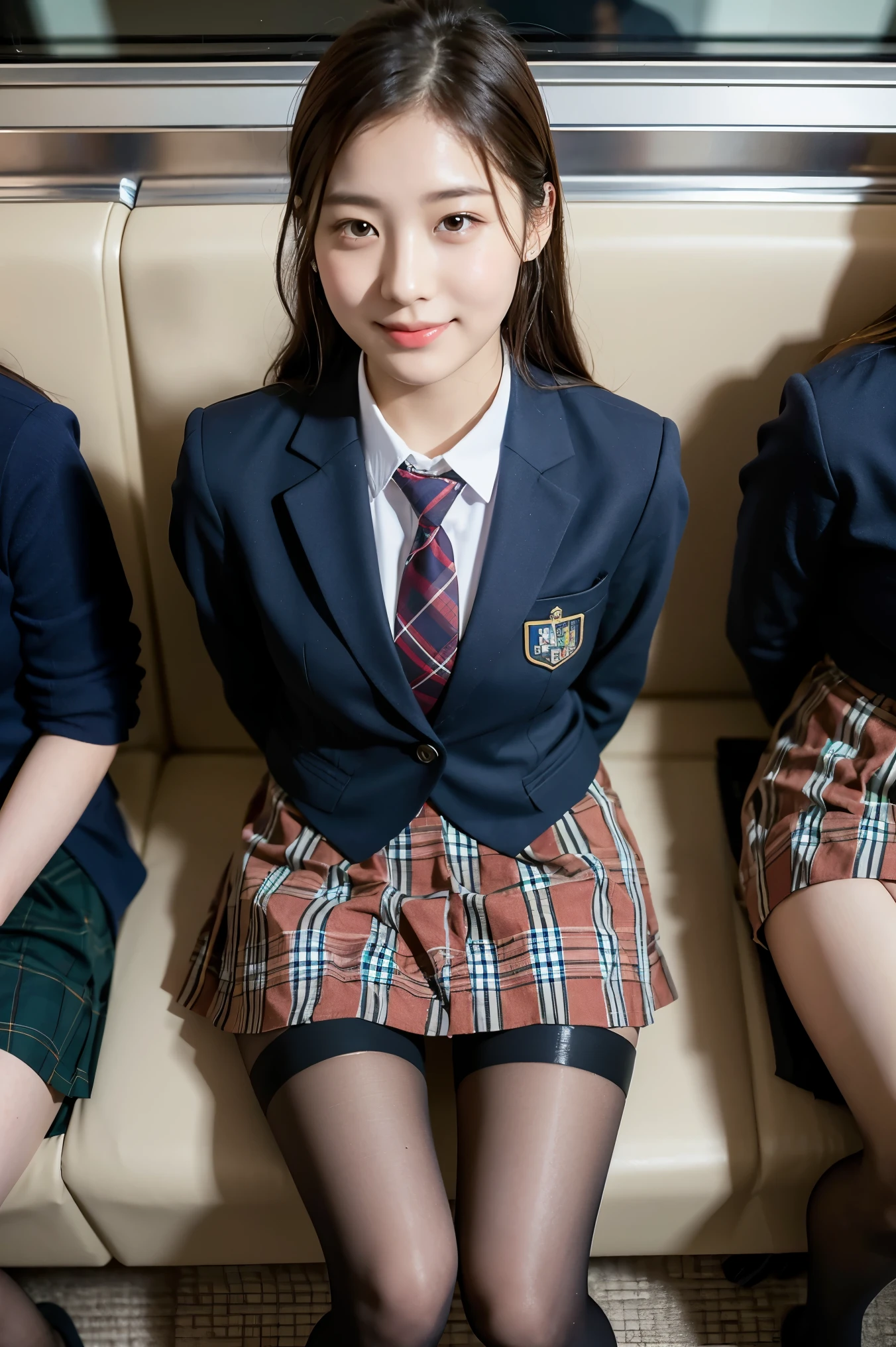 (8K), (highest quality: 1.2), (realistic), (realistic: 1.37), ultra high resolution, 1 girl, cute, smile, closed mouth, beautiful details, beautiful nose, wet hair, giant dulcefo, pork, thighs,Self snap,University Student Uniform,Sitting on a Tokyo train,simple blazer,pleated skirt,(The pattern of the skirt and tie is a tartan check pattern..:1.3),cross your legs, From above,thighs,tights