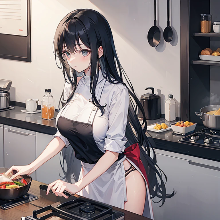 30 year old woman with long black hair cooking with little clothing,