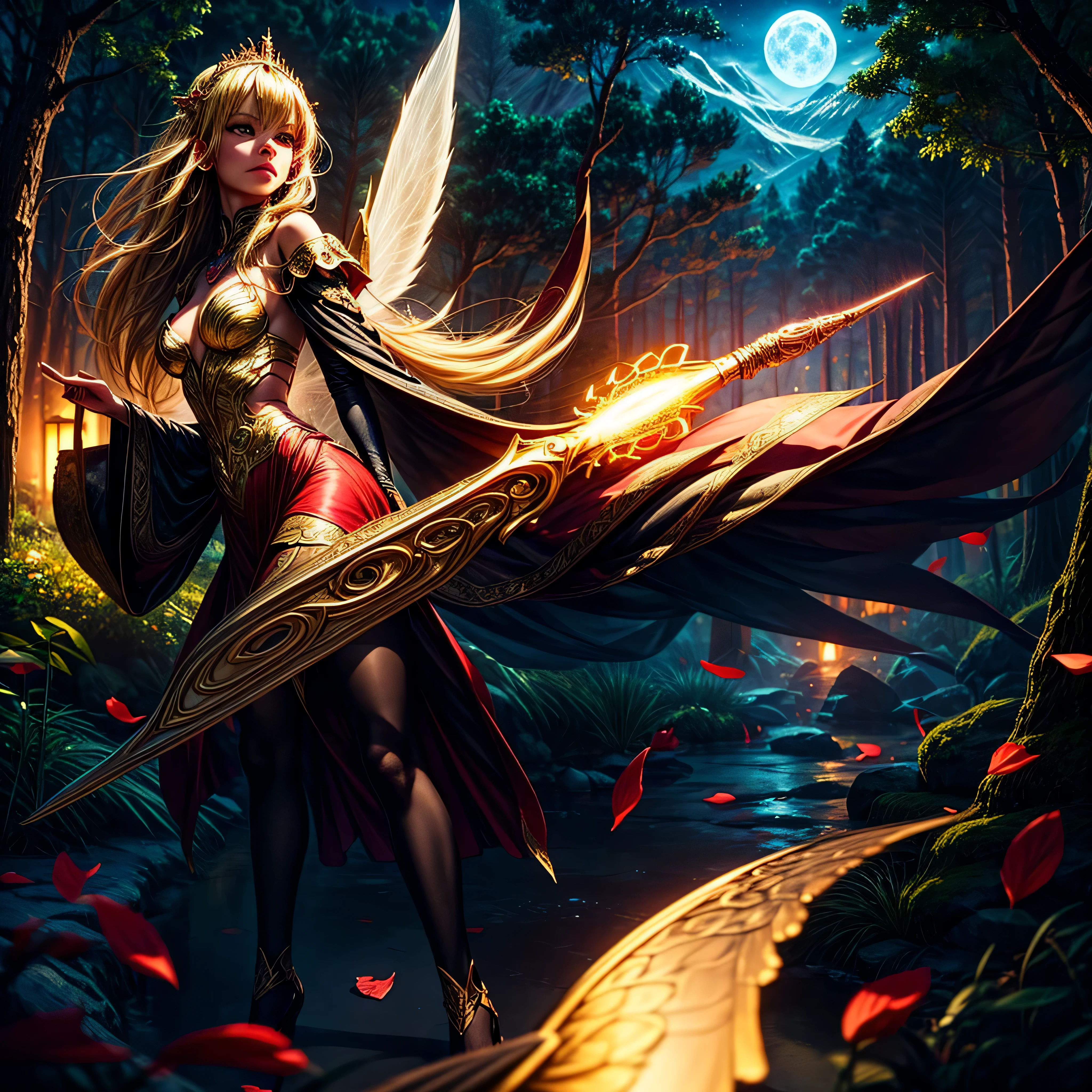 Princess (blonde hair, wearing a long dress, holding a magic wand), background (forest, moon), Chinese dragon (one, five-clawed golden dragon, two wings), princess riding a dragon photograph, photorealistic, ultra-realistic, intricately detailed, wide angle, fine fractal glossy vivid colored shiny contours outlines of a glass apple with a ("a glowing golden flying female fairy uses her wand to transform a tree to solid gold.") inside, surreal, gradient, windy, petals floating on the wind, swirling ribbons of ink and light. linquivera, liiv1