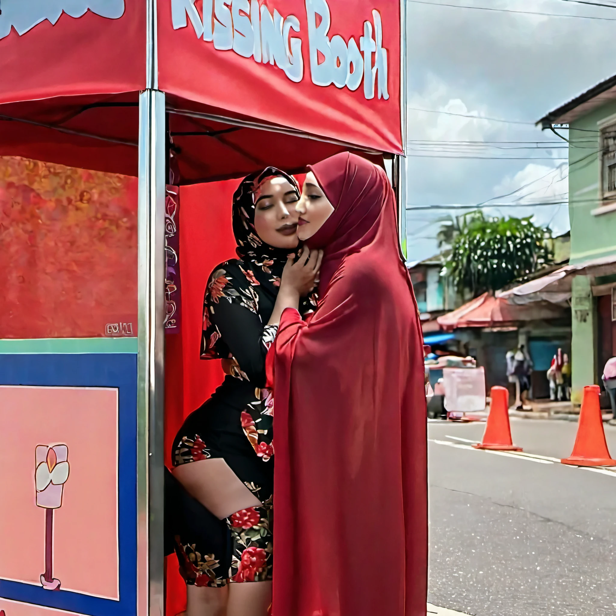  voluptuous malaysian woman wearing a bikini and matching hijab is oerating a kissing booth on a street corner in her neighborhood