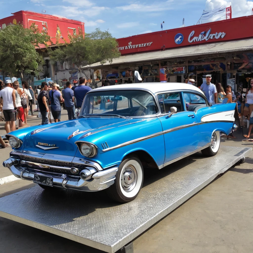 Retrato de um carro "1959 Chevrolet Bel Air" polished metallic blue, pintura brilhante e reflete tudo ao seu redor, vidros escuros, robusto, Estilo Madmax, stands on a platform in an outdoor exhibition,  DIAGONAL CAMERA, at an outdoor exhibition with lots of people around, blue sky, realista, as realistic as possible, qualidade excepcional.