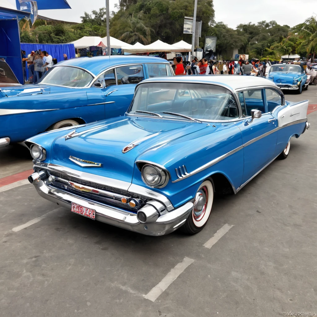 Retrato de um carro "1959 Chevrolet Bel Air" polished metallic blue, pintura brilhante e reflete tudo ao seu redor, vidros escuros, robusto, Estilo Madmax, stands on a platform in an outdoor exhibition,  DIAGONAL CAMERA, at an outdoor exhibition with lots of people around, blue sky, realista, as realistic as possible, qualidade excepcional.