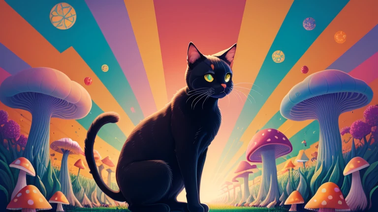 Cartoon illustration of a blue-black cat with three tails surrounded by large hallucinogenic mushrooms in psychedelic colors. Colores vivos