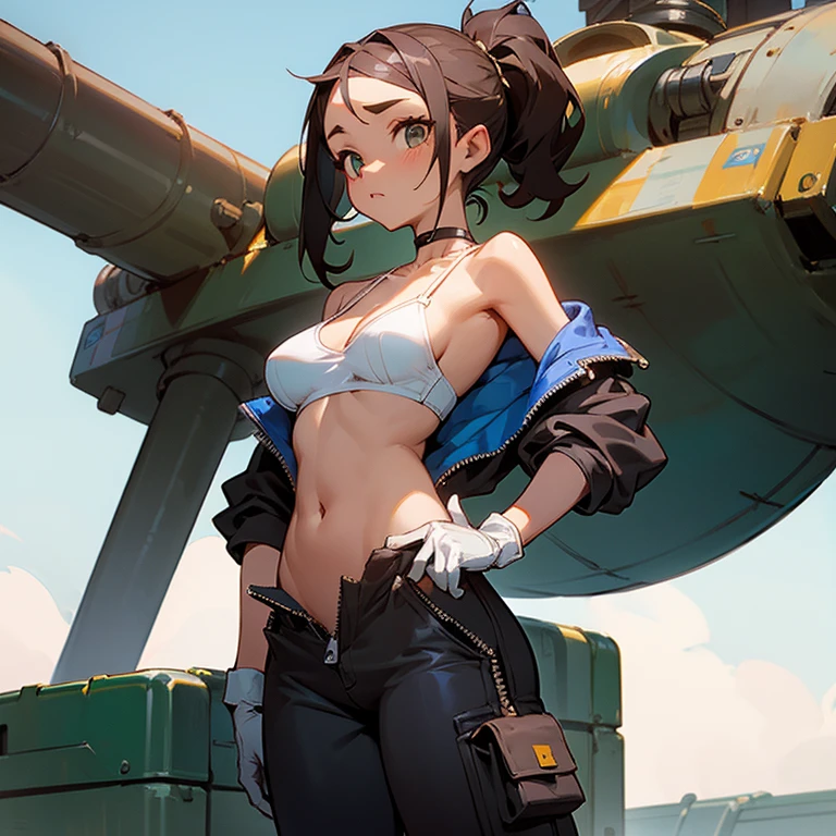 thin、big breasts、Goggles on foreheadをつけている、small ass、A thin and delicate mechanic girl、loose clothing、Oversized Cargo Pants、that&#39;belly button、Front zip swimsuit、high neck、Tube top、Visible bra strap、bare shoulders、off shoulder、Work gloves、Goggles on forehead、hold a wrench in one hand、brown skin、middle hair、thin、big breasts、cleavage、choker、high leg pants、