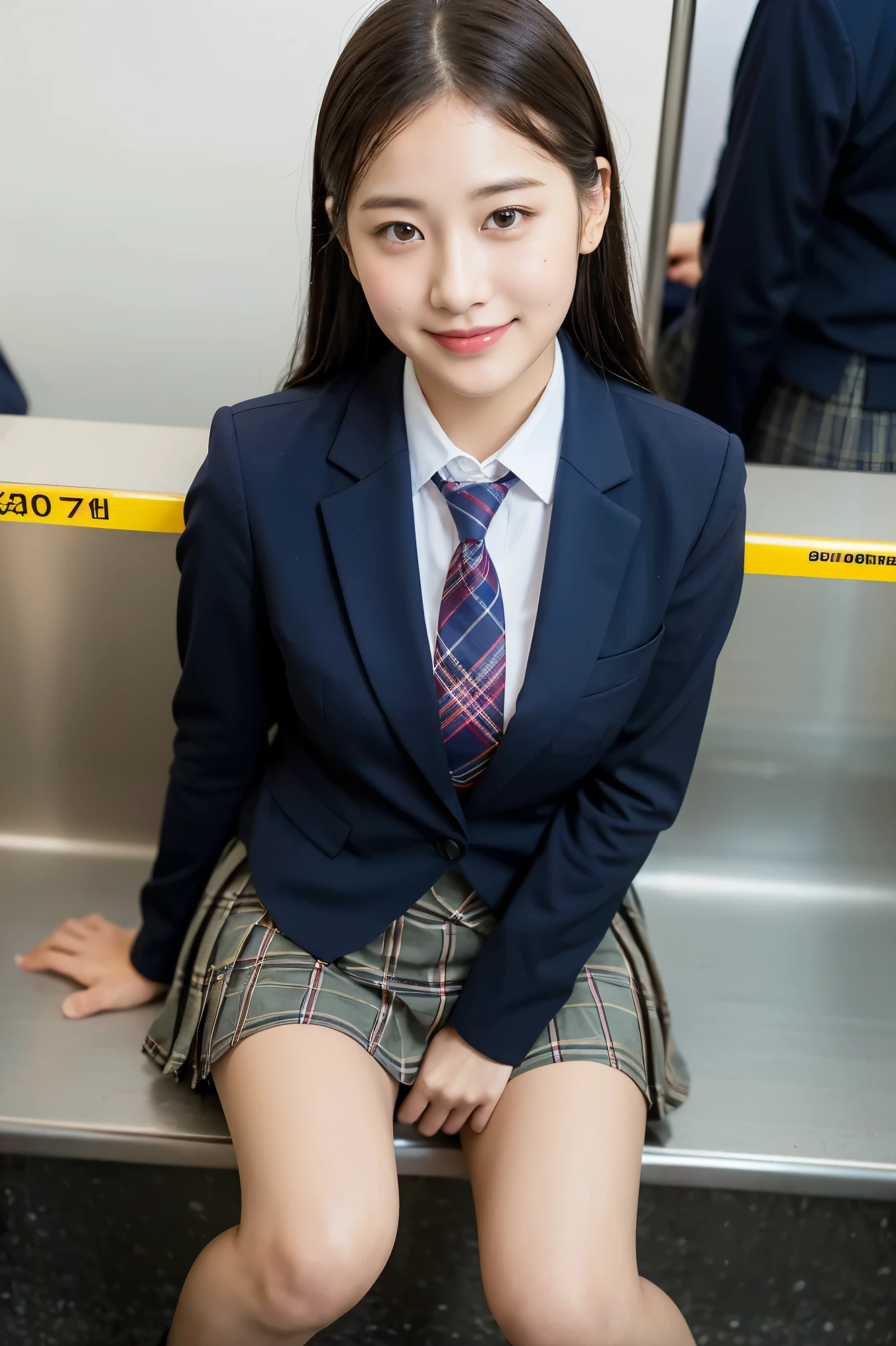 (8K), (highest quality: 1.2), (realistic), (realistic: 1.37), ultra high resolution, 1 girl, cute, smile, closed mouth, beautiful details, beautiful nose, wet hair, giant dulcefo, pork, thighs,Self snap,University Student Uniform,Sitting on a Tokyo train,simple blazer,pleated skirt,(The pattern of the skirt and tie is a tartan check pattern..:1.3),cross your legs, From above,thighs
