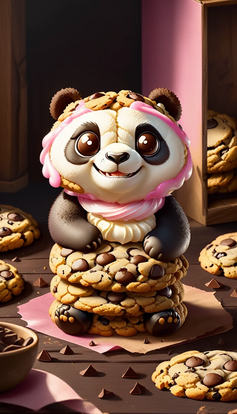 Very cute and appealing anthropomorphic kung fu panda chocolate chip cookies, Put in the box,Pink cream，Supermarket shelf background，Super cute, looking at the audience, movie lighting, fantasy art, dynamic composition, epic reality, Award-winning food illustrations