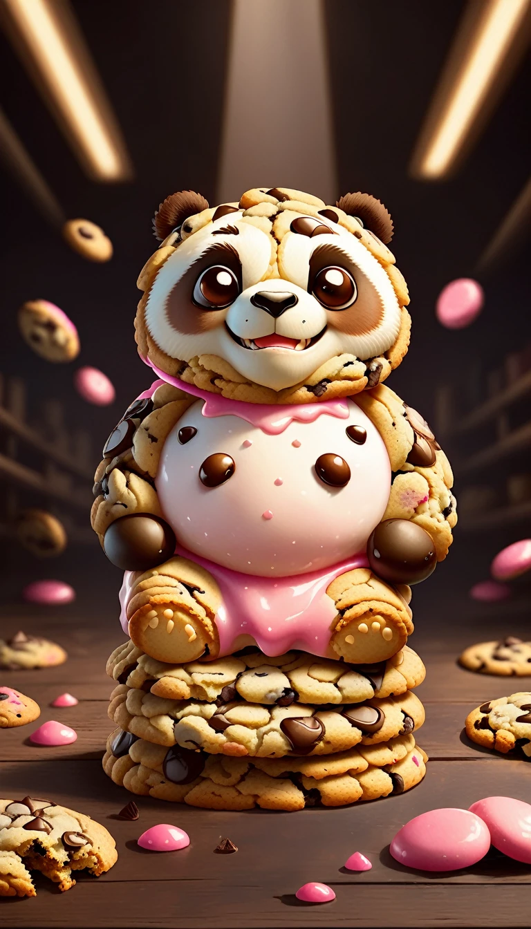 Very cute and appealing anthropomorphic kung fu panda chocolate chip cookies, Put in the box,Pink cream，Supermarket shelf background，Super cute, looking at the audience, movie lighting, fantasy art, dynamic composition, epic reality, Award-winning food illustrations
