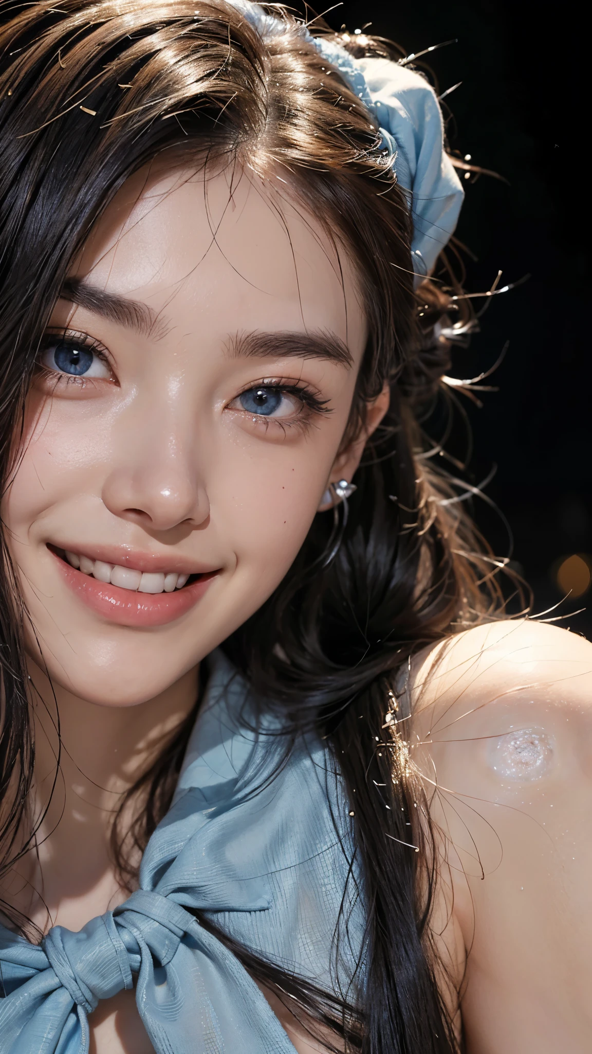 cute 18 year old,1 girl,slim face ,8K,Super realistic image quality,dynamic shadow,sparkling eyes,((Clear black eyes)),((cheerful smile)),((3 ear piercings)),clear pale blue eyes,movie theater lighting,((dark back alley)),((City lights)),night,Darkness of the city,suit, ((face close up:1.4)),((A smile showing white teeth)),((Open mouth and smile happily)),((Chestnut ponytail and scrunchie)),close, 8K, Raw photo, highest quality, masterpiece,realistic, photo-realistic,