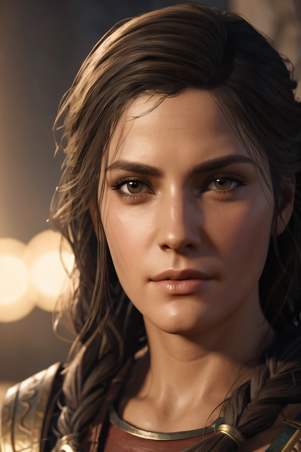 extremely detailed Kassandra Assassin's Creed Universe,Detailed Lips, Detailed Eyes, detailed eyelashes, detailed face, textured skin, super detail lighting, mid body shot, 