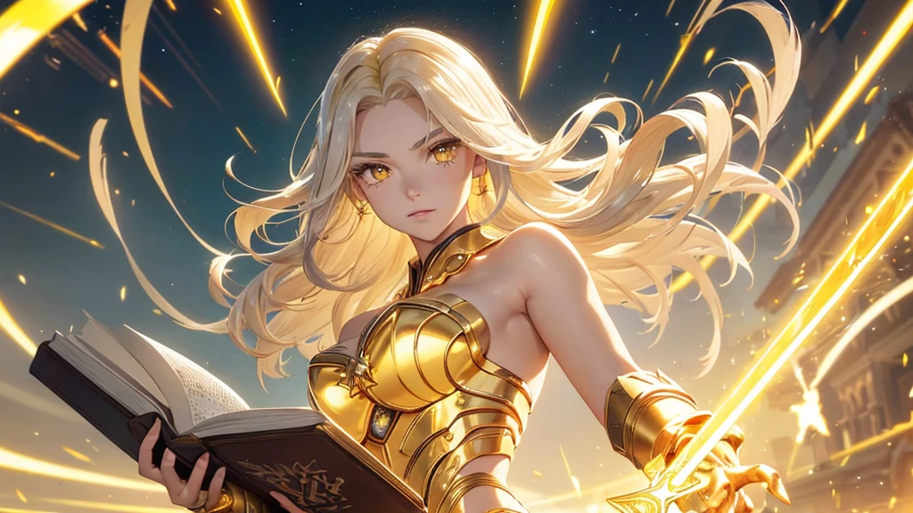 a goddess of wisdom, mature look, Toning the body, white skin, (Glowing clothing masterpiece:1.4), pure white fabric strapless tube top dress, luminous golden belt, luminous Golden arm Armor, golden leg armor, (a glowing sword-shaped figure appears on the back:1.5), (The left hand holds a glowing book:1.6), (((glowing beige white hair streaked luminous yellow hair))), (single sidelock short wavy hair), (hair strand), shiny hair, (((colored eyelashes and eyebrows))), (glowing yellow gradient amber eyes:1.2), (an upright golden eye on the forehead:1.4), some clouds swirling float behind shoulders, (((Some luminous text totems float around))), Random background, Random pose, Random expressions, Futurism, anime, god rays, ray tracing, reflection light, sparkle, motion blur, Ultra-Wide Angle, glowing light, UHD, masterpiece, super detail, best quality, retina, ccurate, textured skin, super detail face, perfect face, Super fine facial details, beautiful and delicate eyes, perfect eyes, anatomically correct, correct limbs, correct figner, super detail figner, best hair quality, best clothing quality, best prop quality, best halo detail and quality, best magic circle detail and quality, complex halo detail,