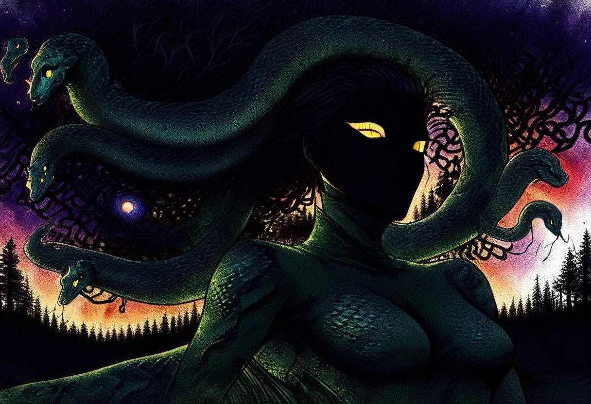 Medusa, splash page decompressed comic cover art, ink style figure, candid, snake skin dress, ((art style expressive Joelle Jones and "Sean Gordon Murphy" comic drawing)), cinematic poster double exposure, optical illusion, image within image, abyss void black no visibility darkness, full body portrait, (background, pine barrens, entropy, rewilding, magic hour sunset with galaxy stars, cosmos), (horror, abstract, surreal, body, cosmic), body drawn in Frederic Delavier musculature anatomical illustration art style, (face, ornate black metal corpse paint, resembles Grace Jones), (body, Naga, snakefolk, lower body snake tail, snake woman hybrid, bald, hairless, skeleton, snake skin tattoos, piercing eyes, snake pupils, over the shoulder), (colors, merge bleak muted deep fiery radiant glowing ROYGBIV, forest green to earth brown), craftsmanship nuance, (art style Gerardo Zaffino charcoal), subliminal orchids, nyctophobia, (wordless, single image), silhouette