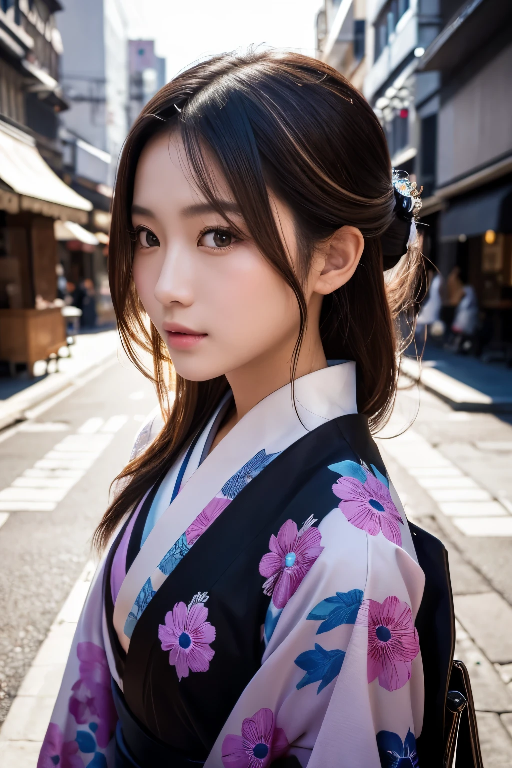 Beautiful Japanese supermodel woman, A lock of hair with slight highlights, black eyes, Sexy，street background，Gorgeous kimono , Liquid color flows across her face, Shooting against the light，Perfect facial lighting，mixed media,Face to the right