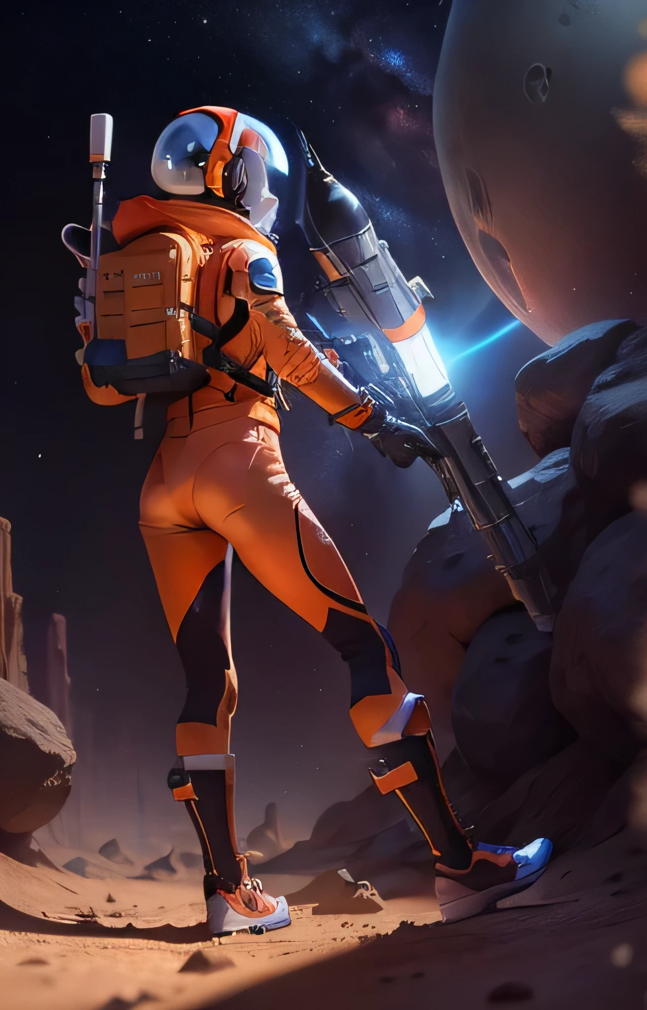 Space girl wearing orange spacesuit, Reload the Space Dragon after killing her weapon, On an alien desert planet with almost no life.Running back