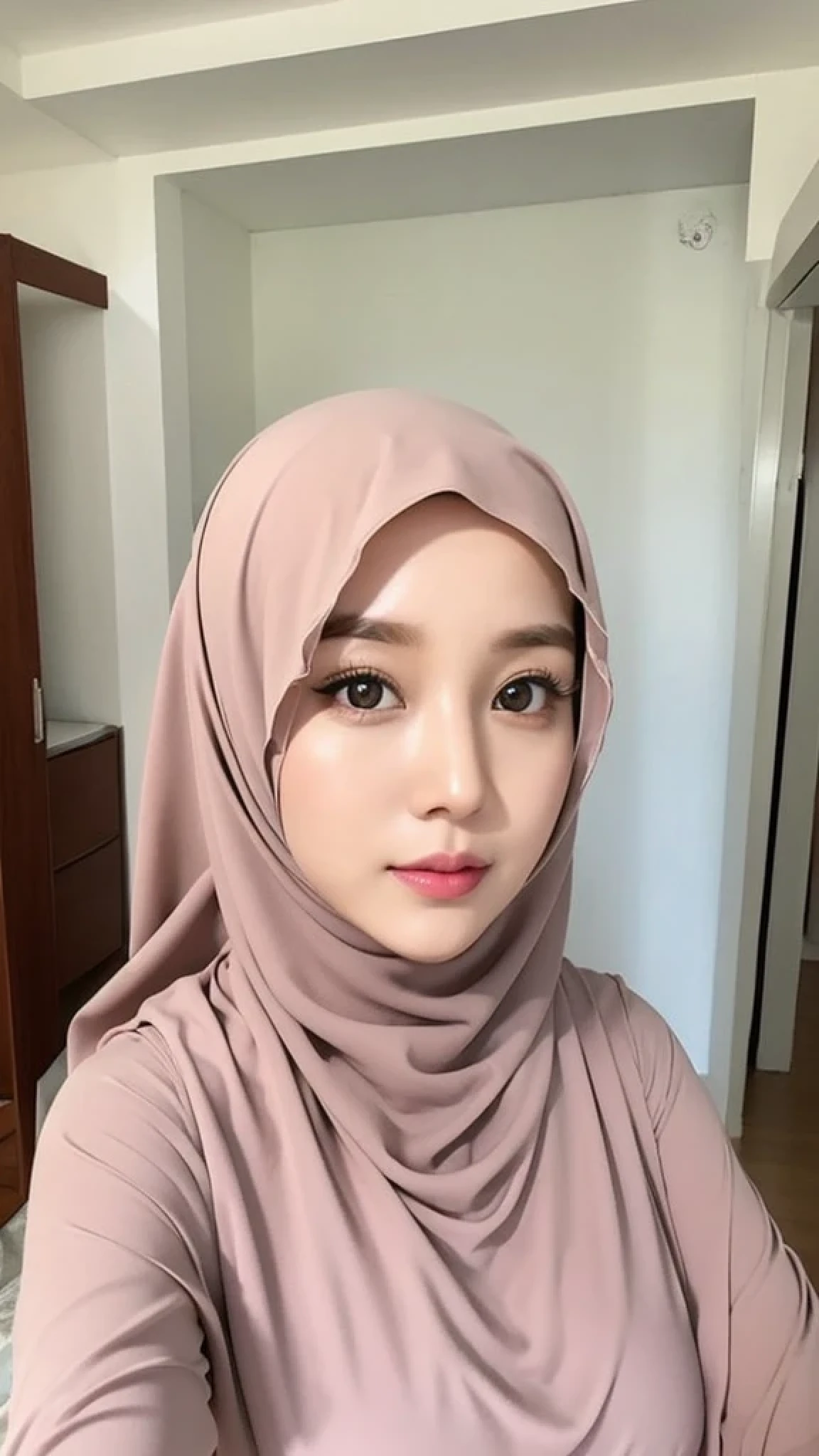 Beautuful Women、hijab, indonesian, realistic, a room、selfee、White Room、The face is cute、Vanrak Ayyans appears. beautiful、alone
